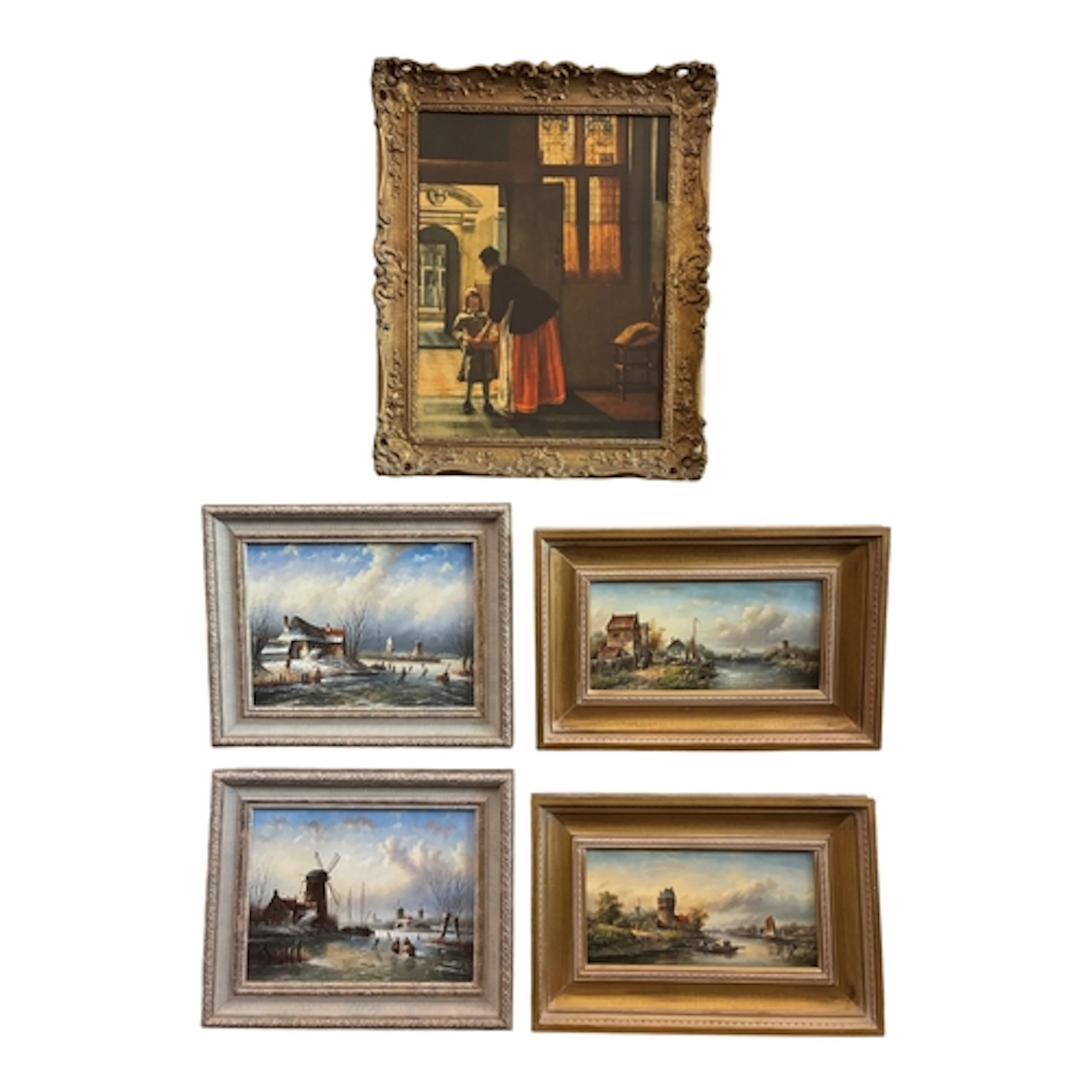 Four paintings and a print in the Dutch style: A pair of win...