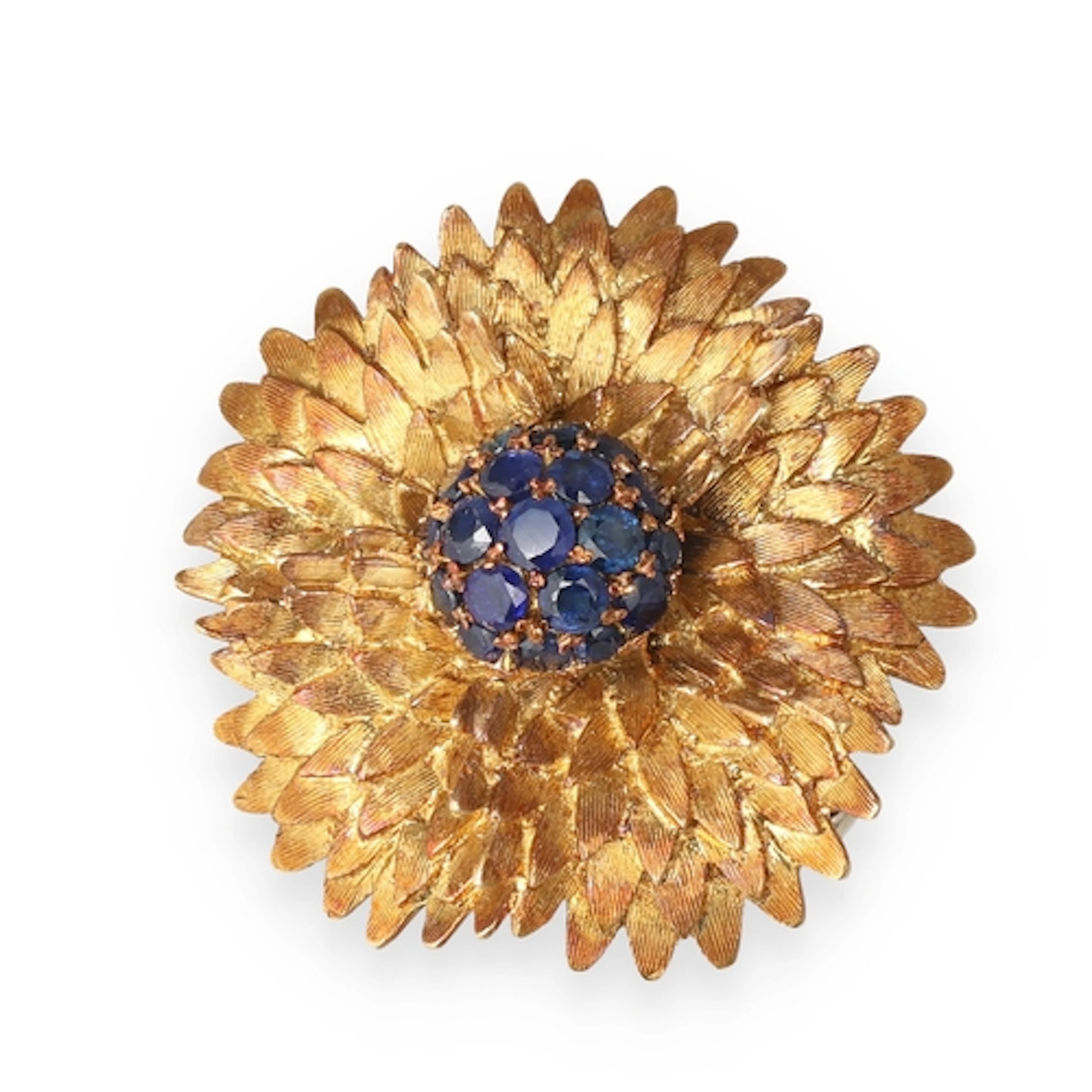 AN 18 CARAT GOLD AND SAPPHIRE SUNFLOWER BROOCH, GARRARD &amp...