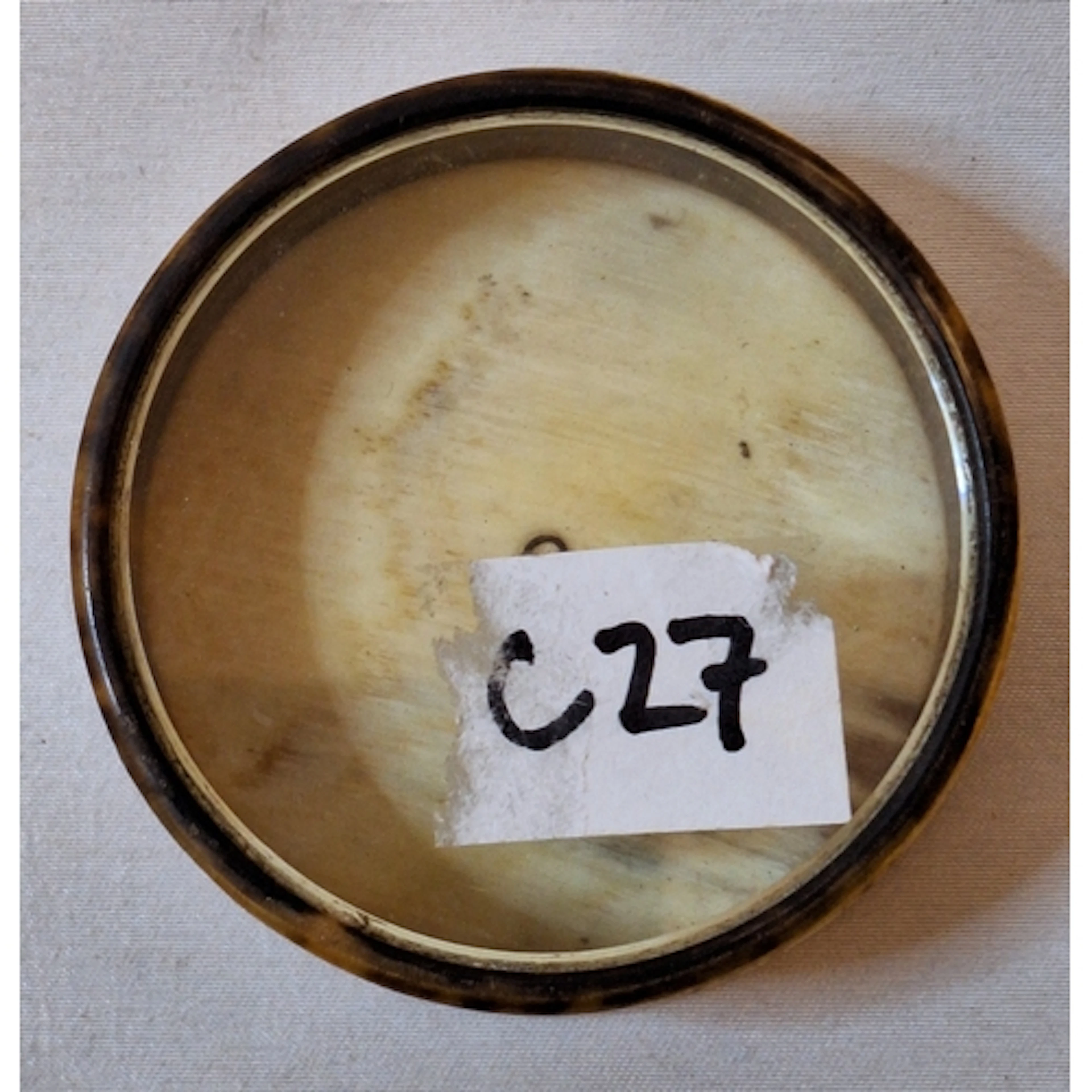 Antique Circular Horn Box with glass lid, base stamped 925 m...