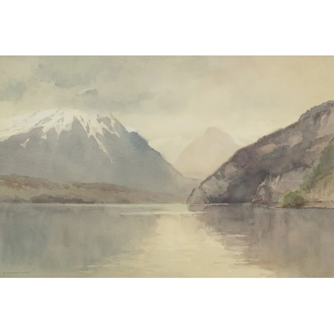 E W Haslehust - Mountainous landscape, 20th century waterco...