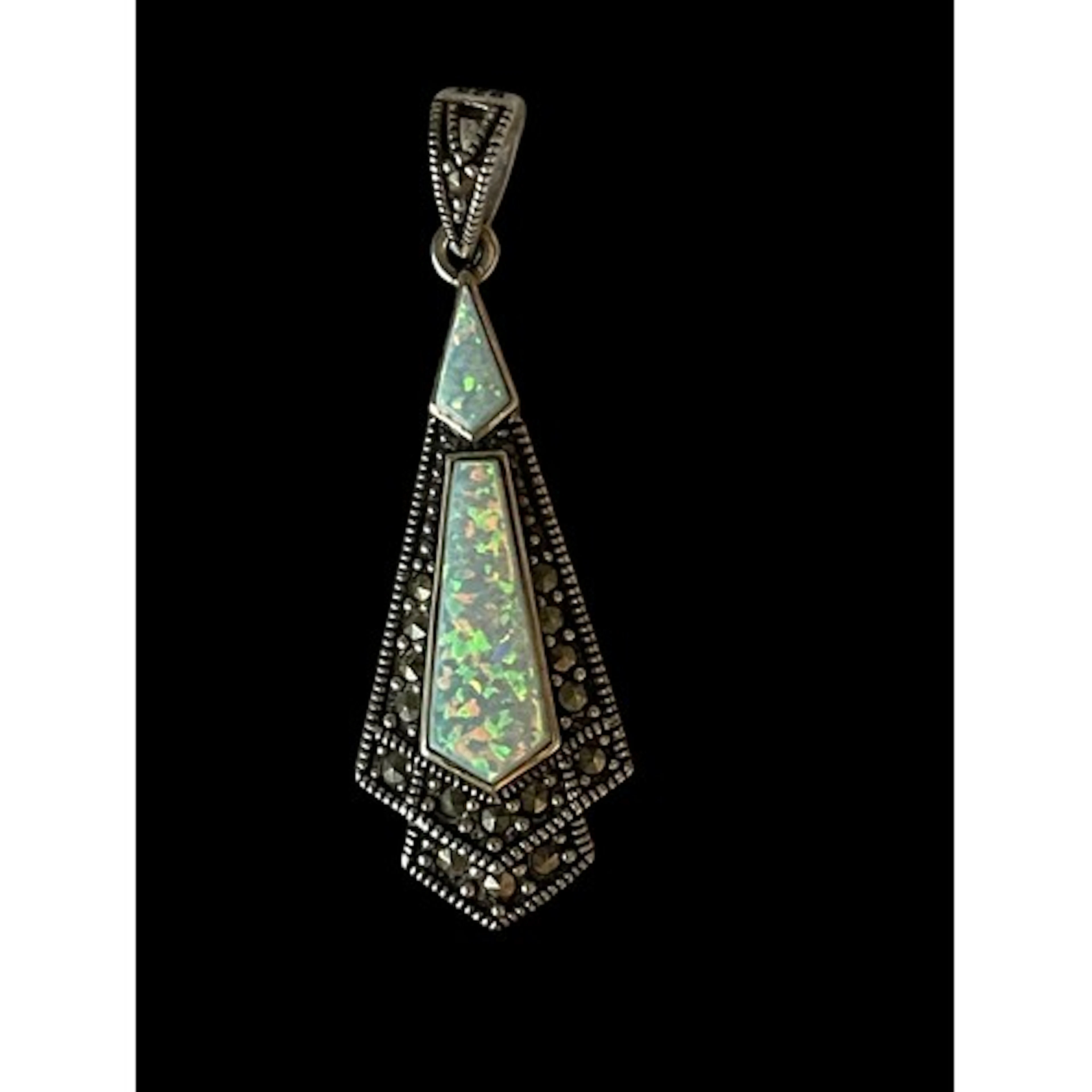 Art Deco style silver, opal and marcasite pendant, length in...