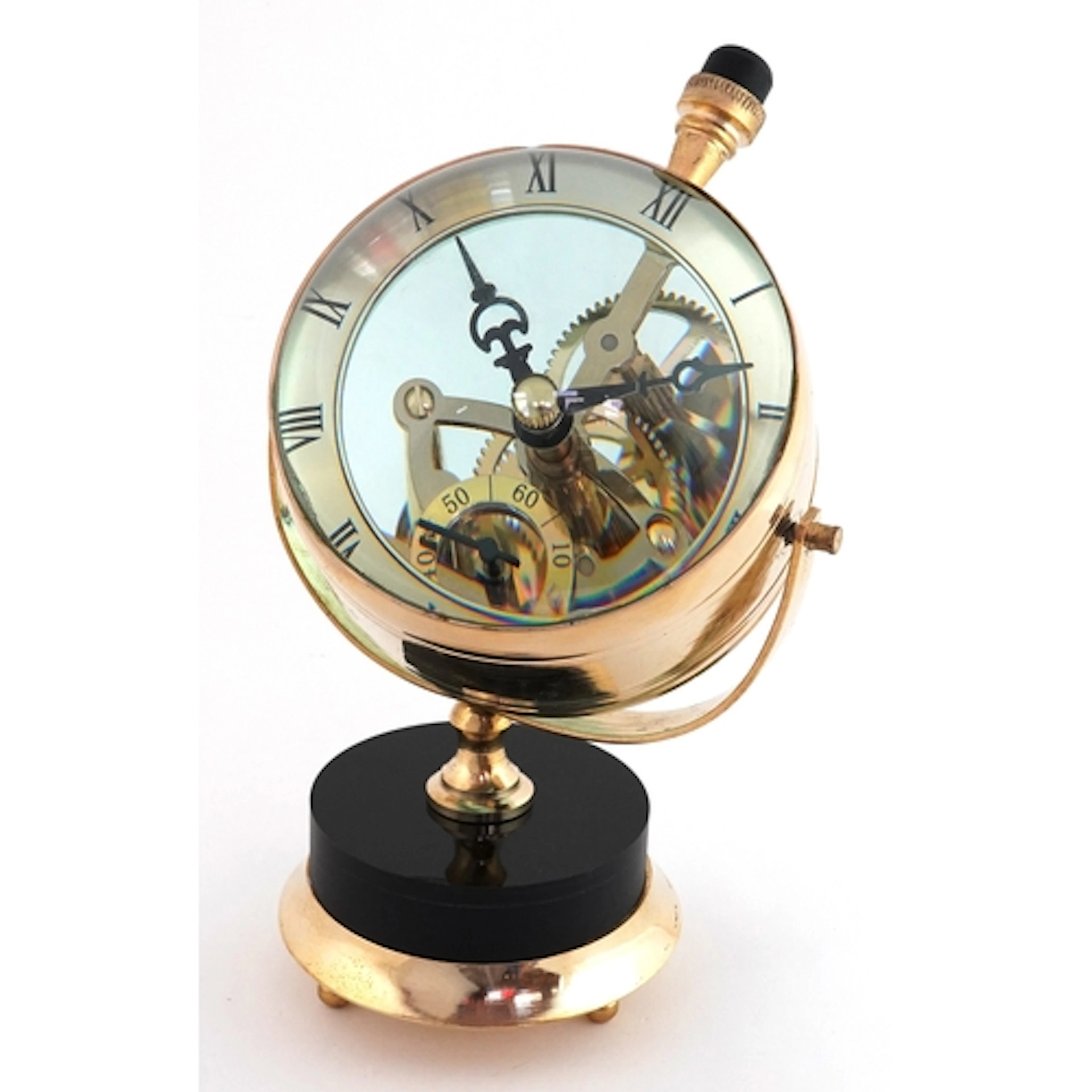 Columbus style spherical globe design desk clock, 23cm high.