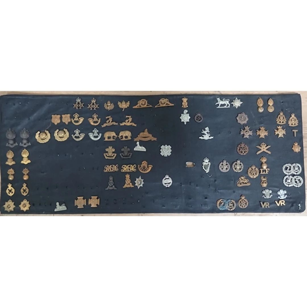 A collection of assorted cap badges.