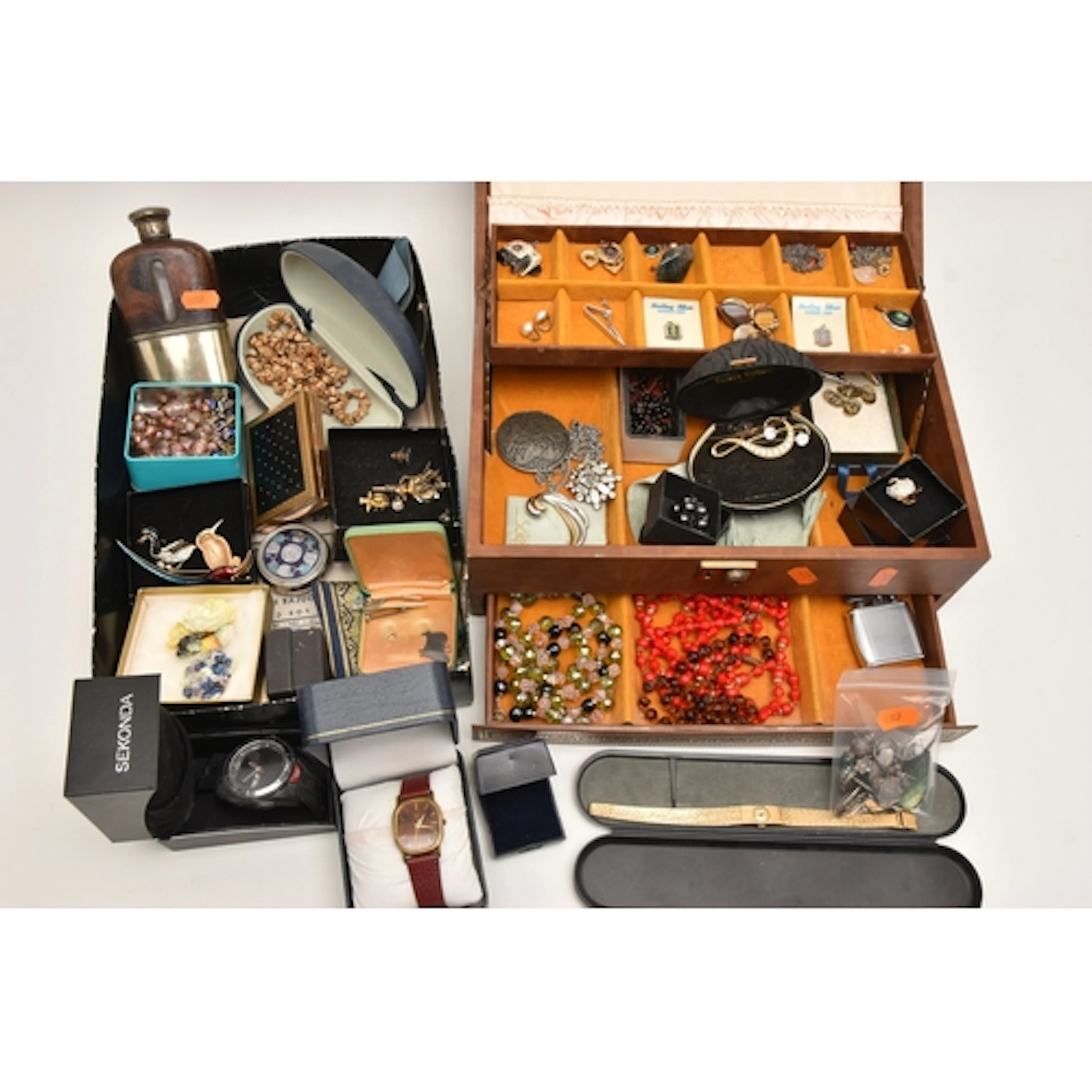 A JEWELLERY BOX AND ADDITIONAL BOX OF ASSORTED COSTUME JEWEL...