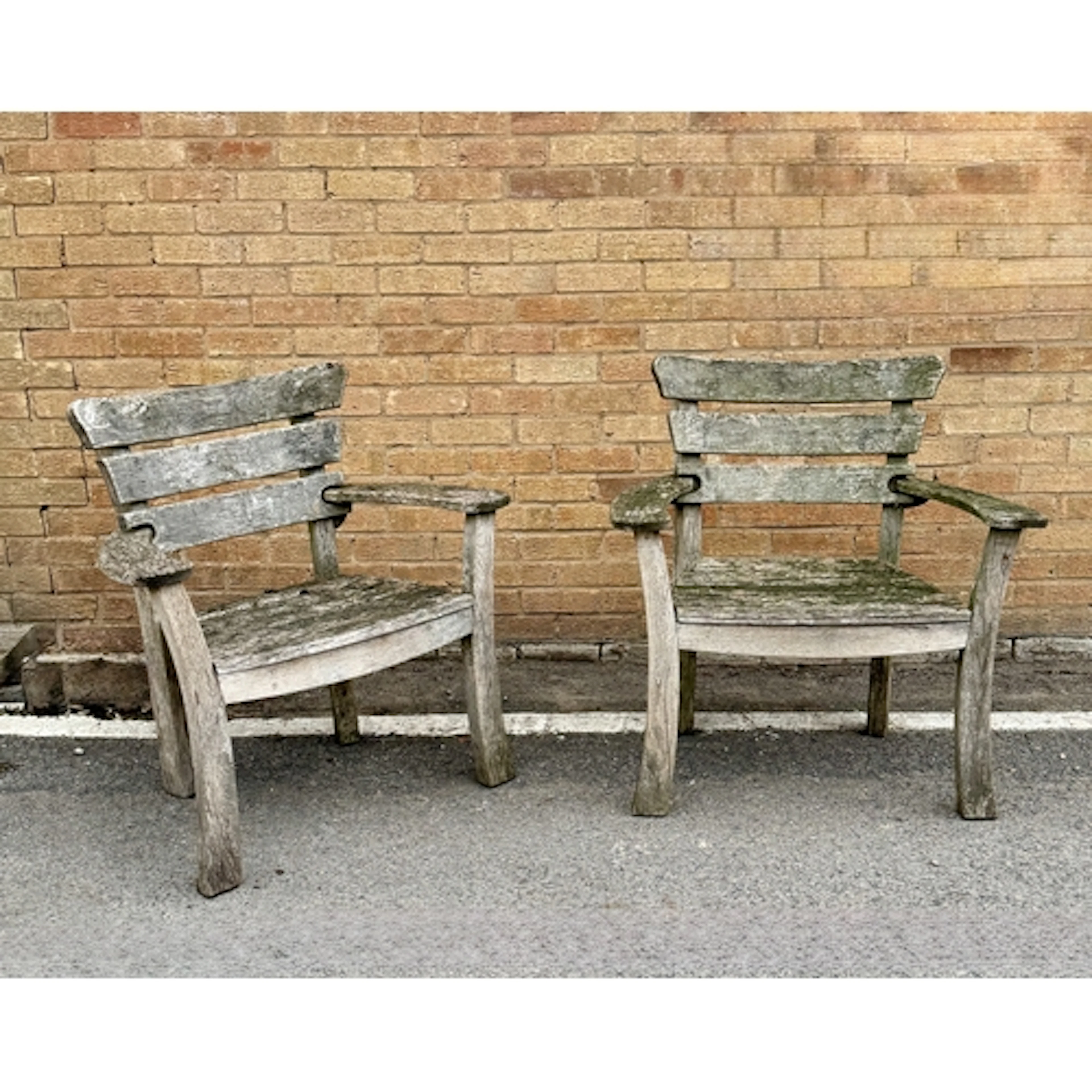 A pair of weathered oak bespoke garden arm chairs - 88cm wid...