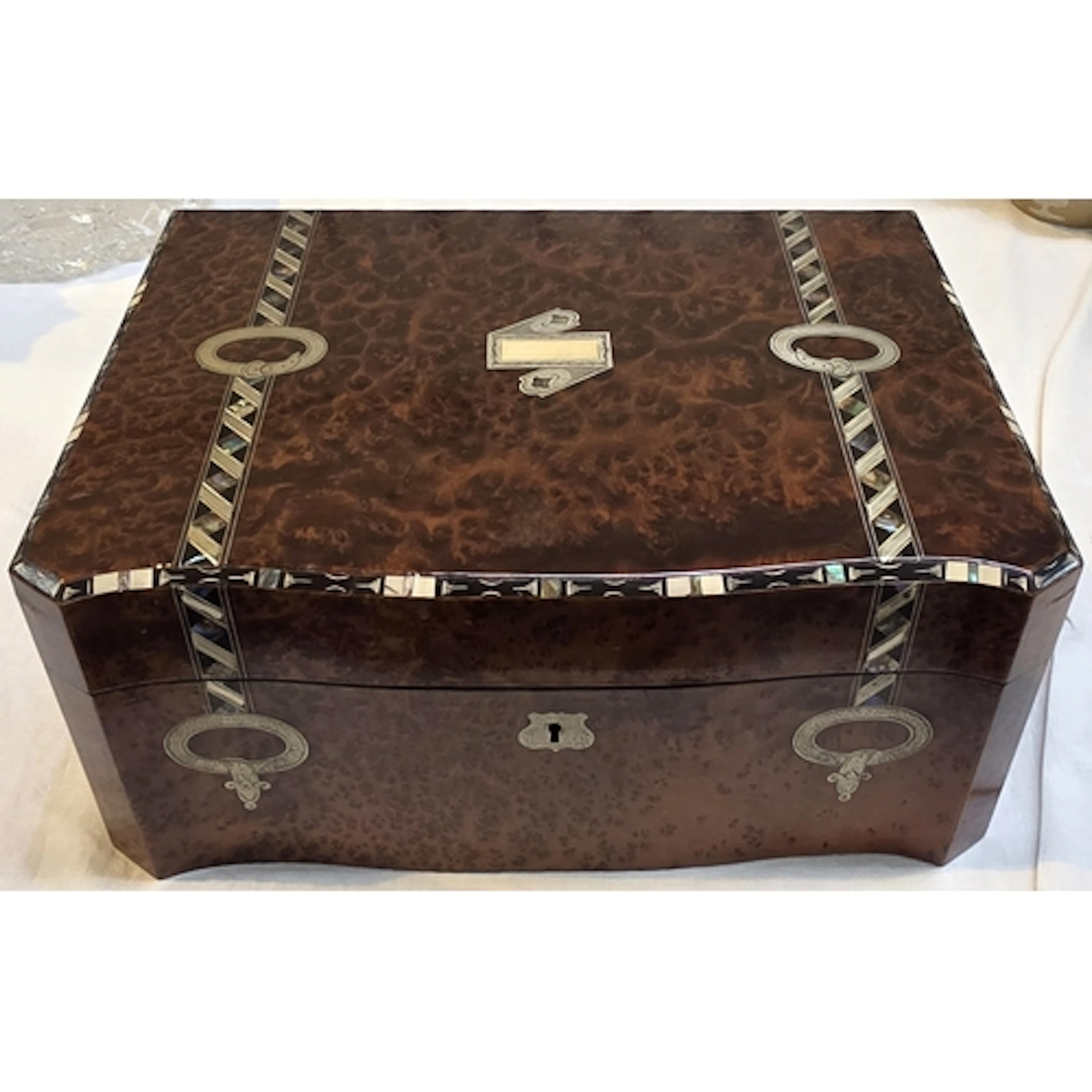 A Victorian "Plum Pudding" burr walnut lap desk with abalone...