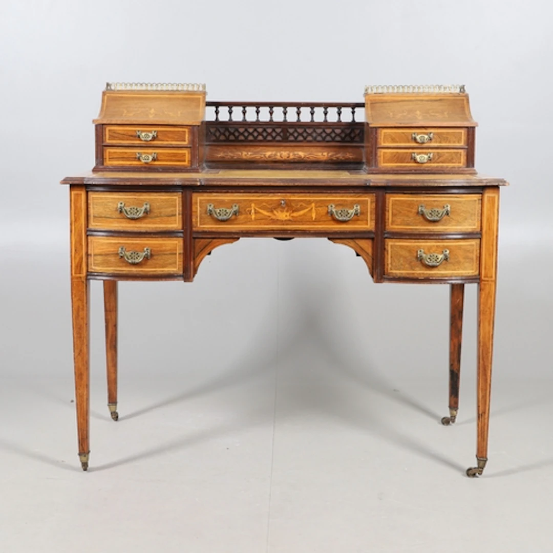 AN EDWARDIAN LADIES ROSEWOOD & SATINWOOD STRUNG WRITING DESK...