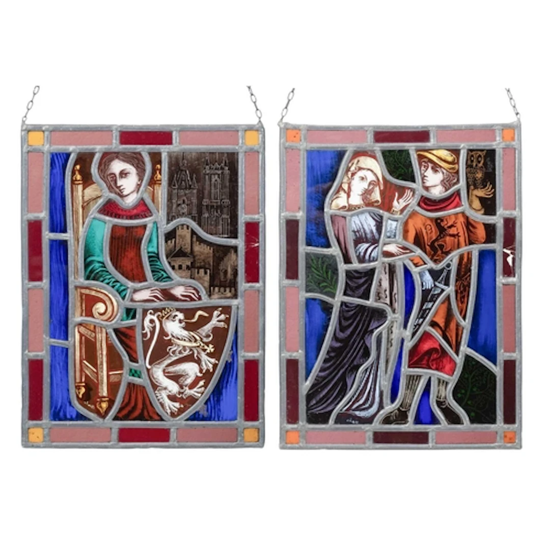 A pair of leaded stained glass panels. 20th century, one wit...