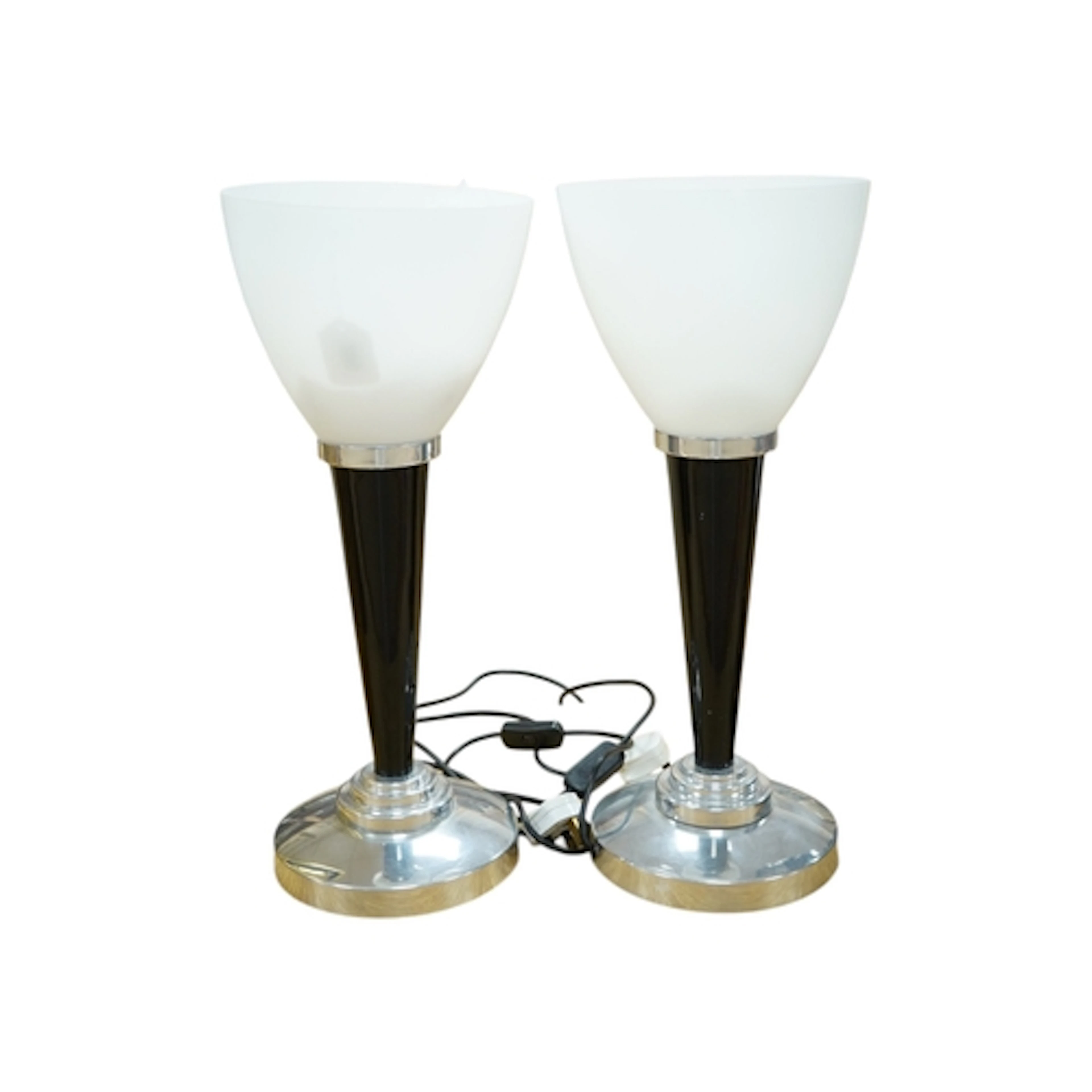 A pair of Art Deco style chrome and glass lamps, height(s) 5...