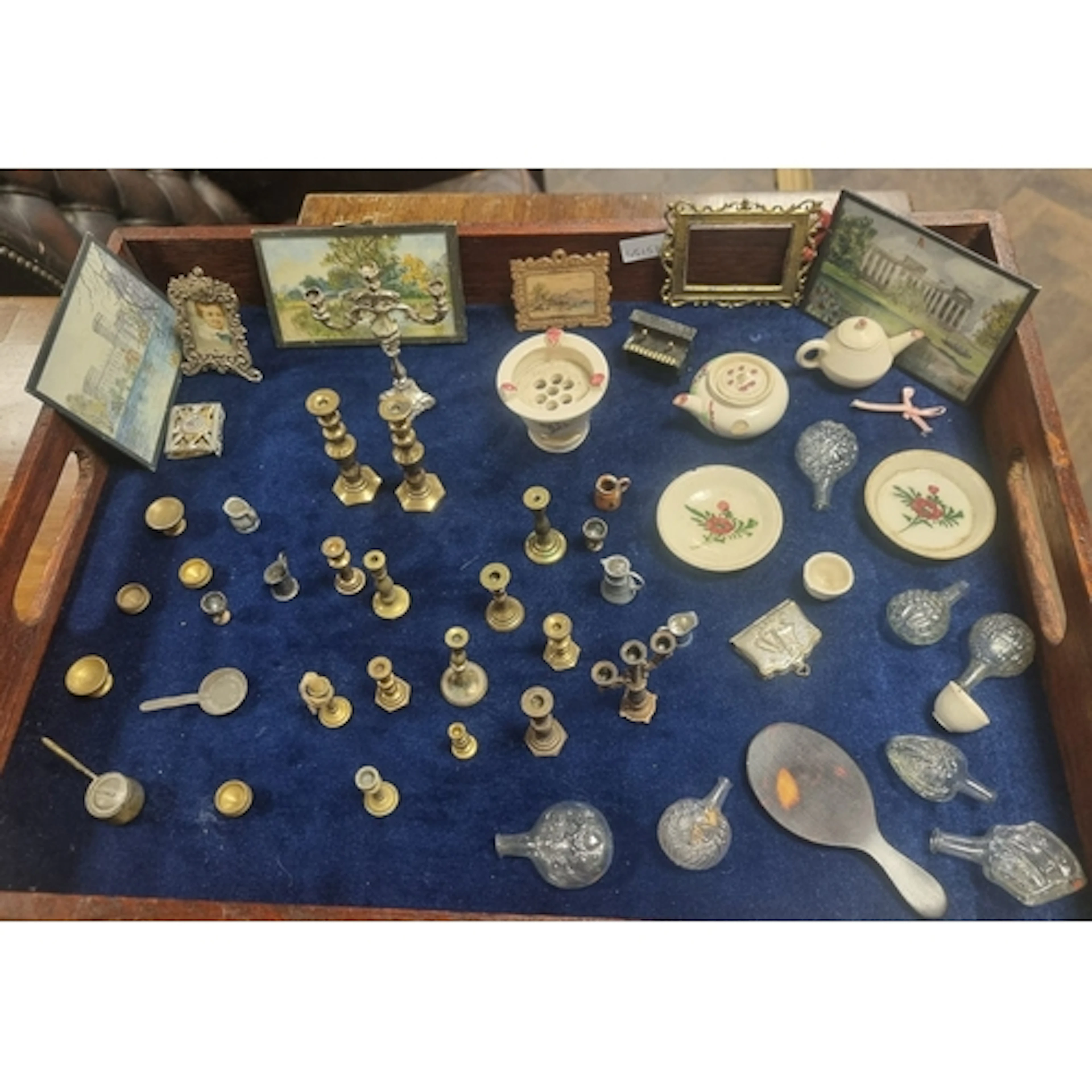 Miniature collectables to include brass candlesticks, glass ...