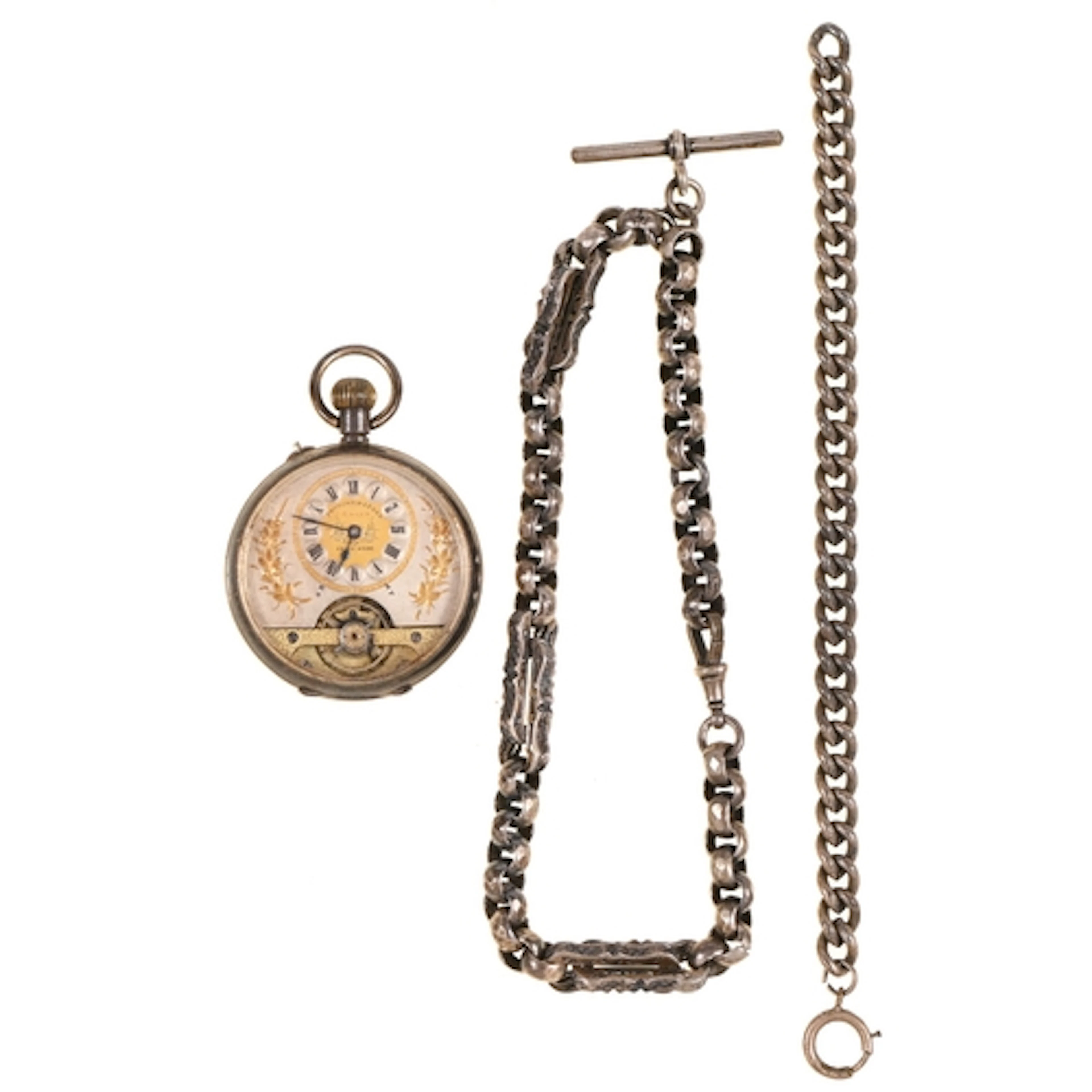 An Hebdomas silver watch, c1900, 4.9cm diam and two alberts ...
