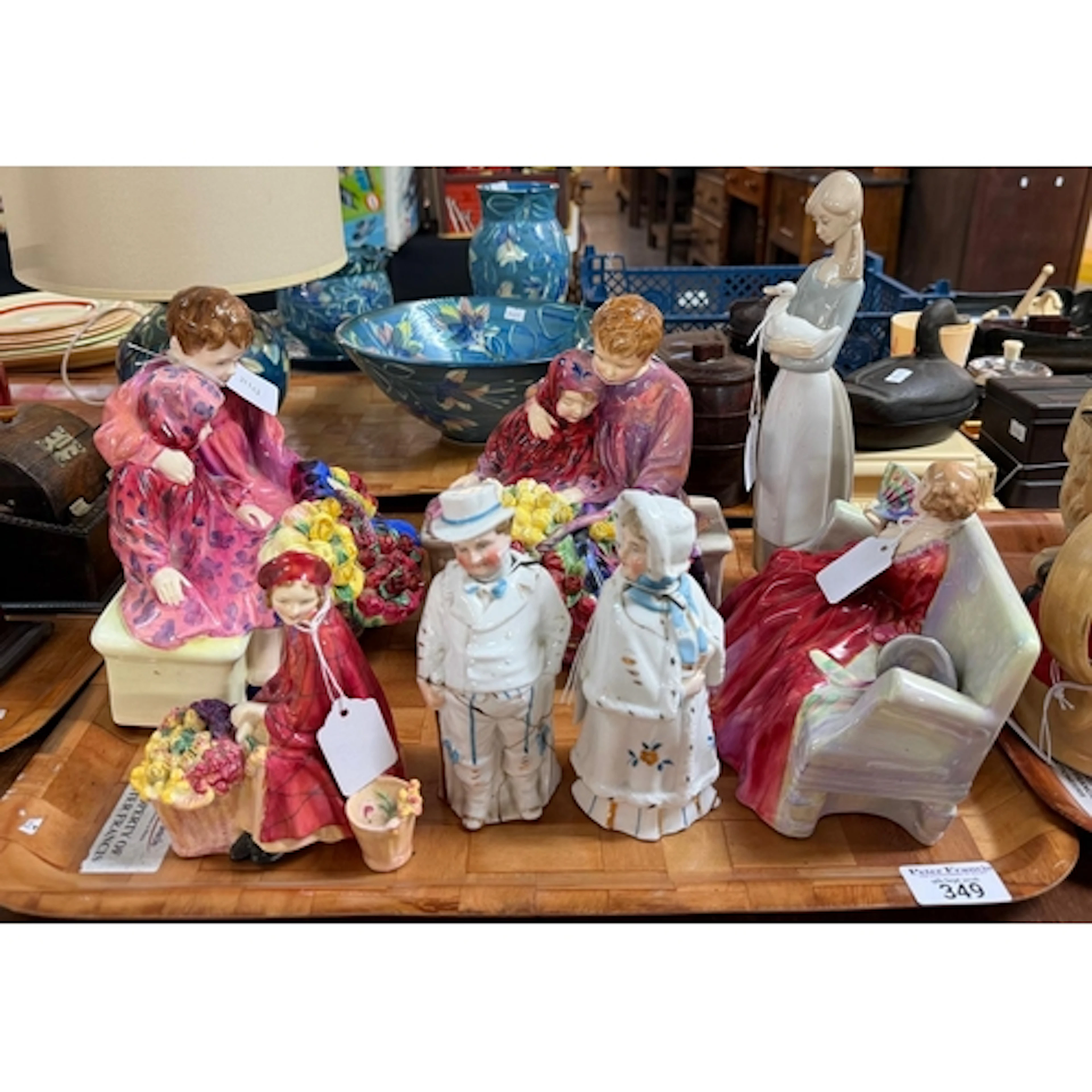 Tray of assorted ceramic figurines to include: Royal Doulton...