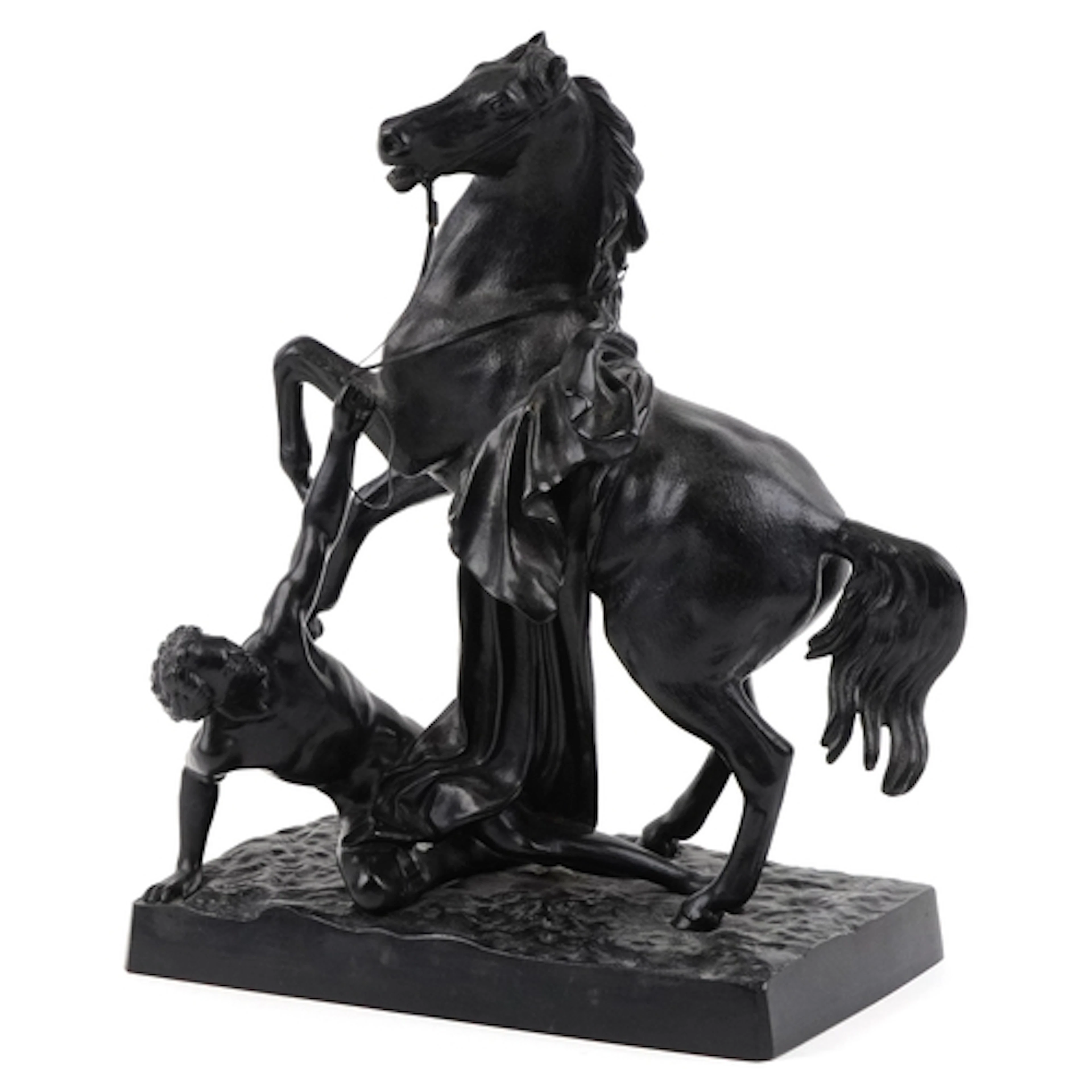 Black patinated cast iron sculpture of a rearing horse and f...