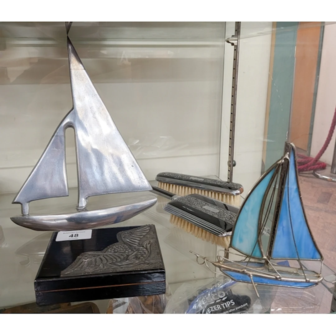 Art Deco pieces - hairbrushes and a pewter mounted trinket b...