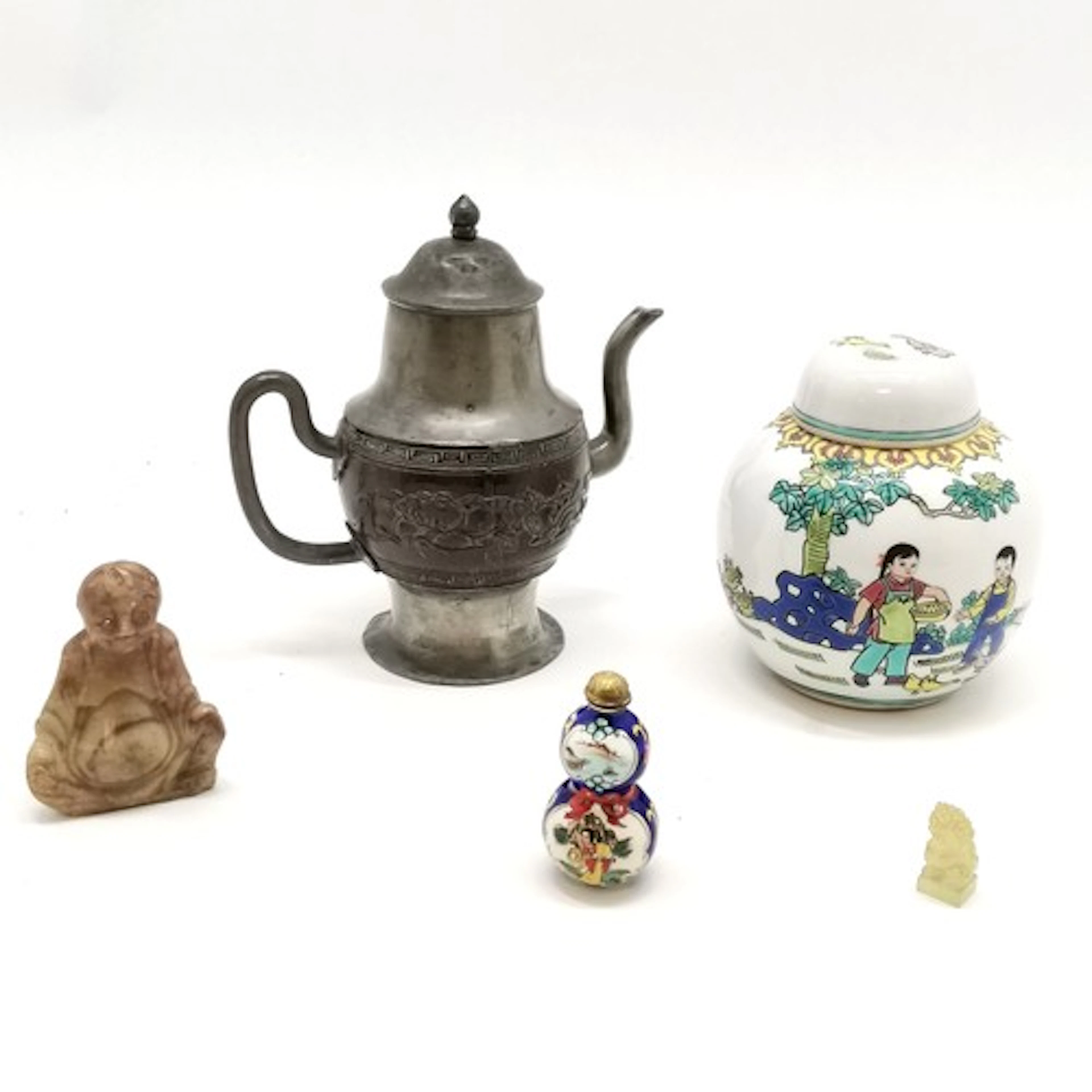 Antique coconut and pewter small teapot 17cm high, soapstone...