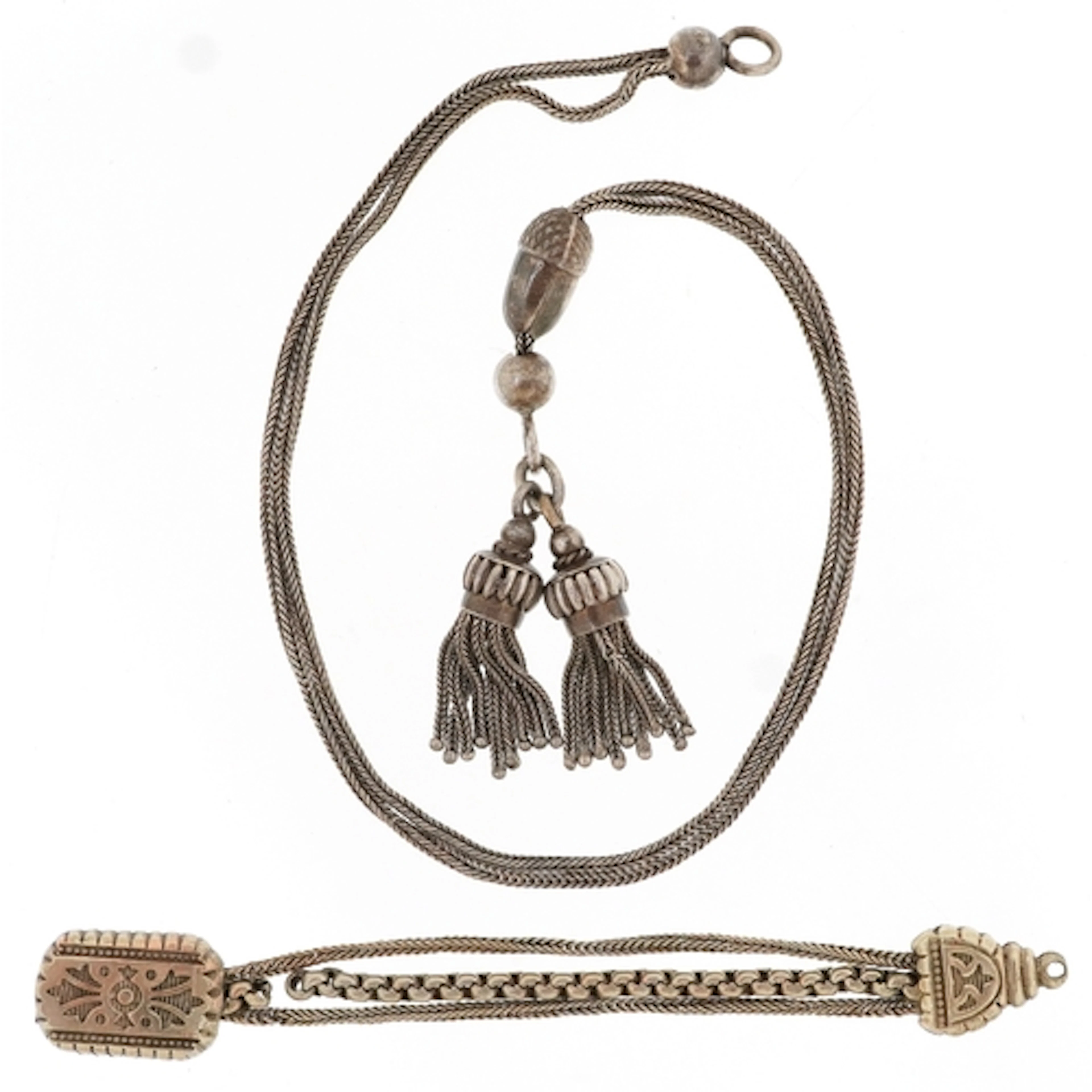 Unmarked silver Victorian Albertina watch chain with tassel ...
