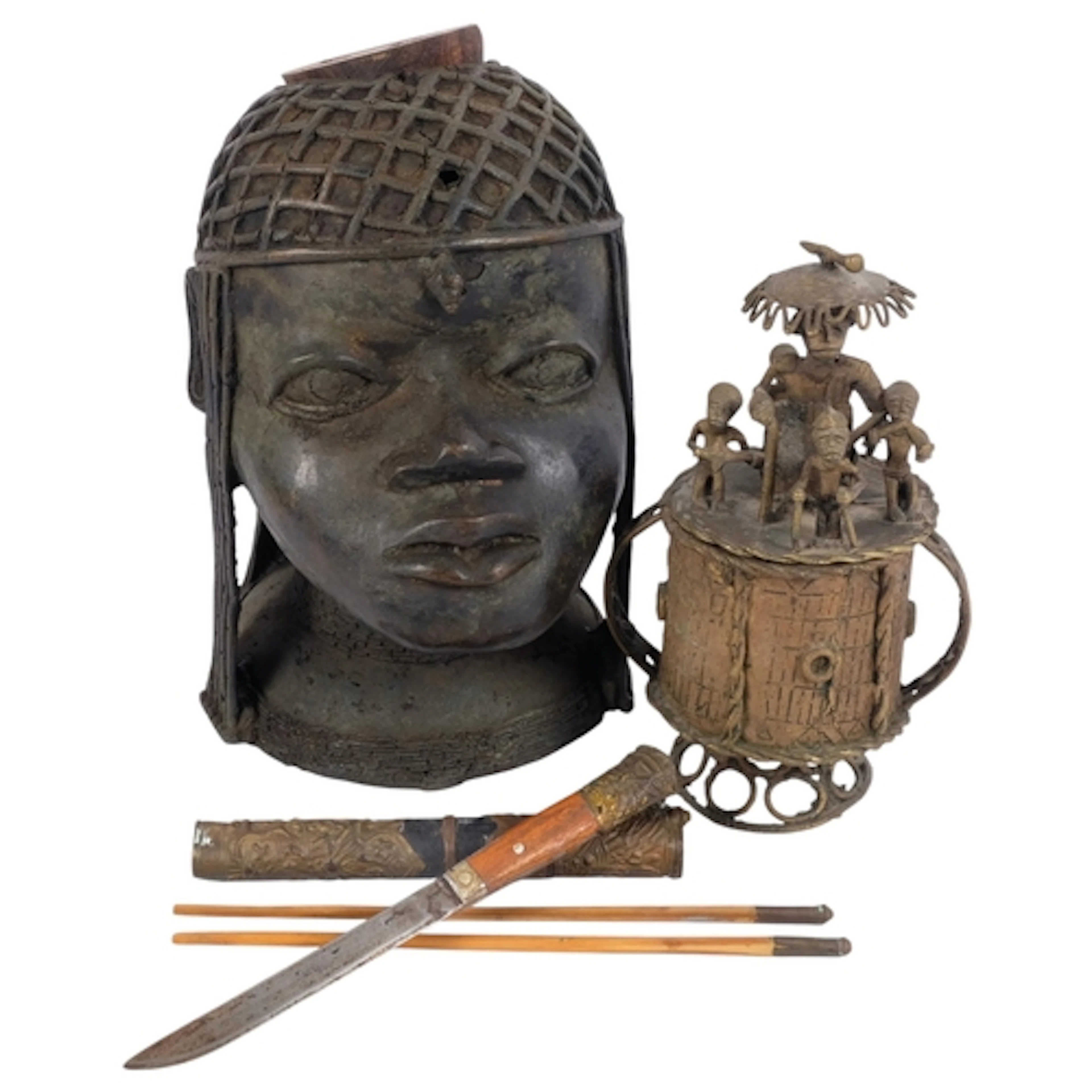 A collection of African Tribal ware, including a Benin style...