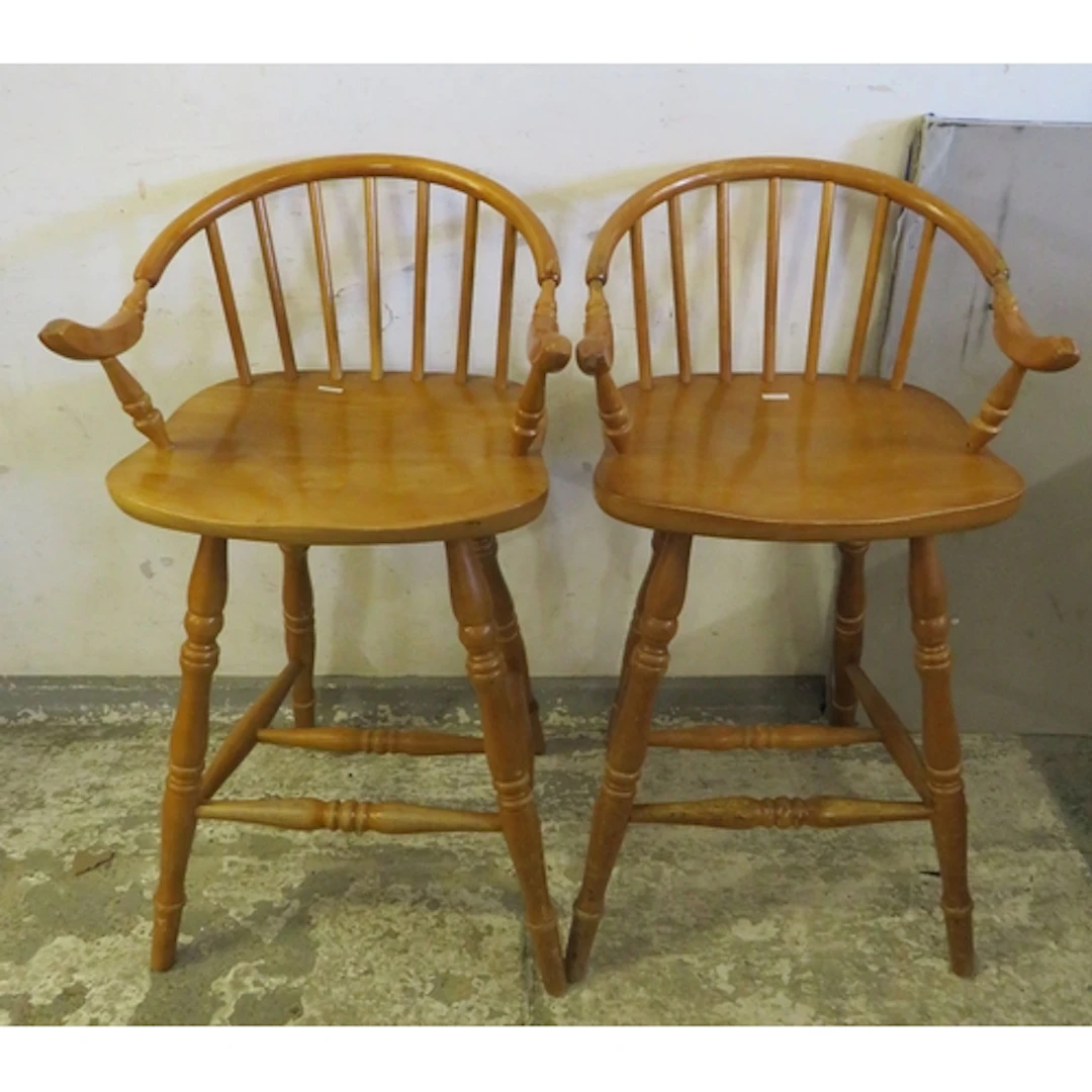Pair Light Oak Windsor Style Spindle Back Bar Stools with ar...