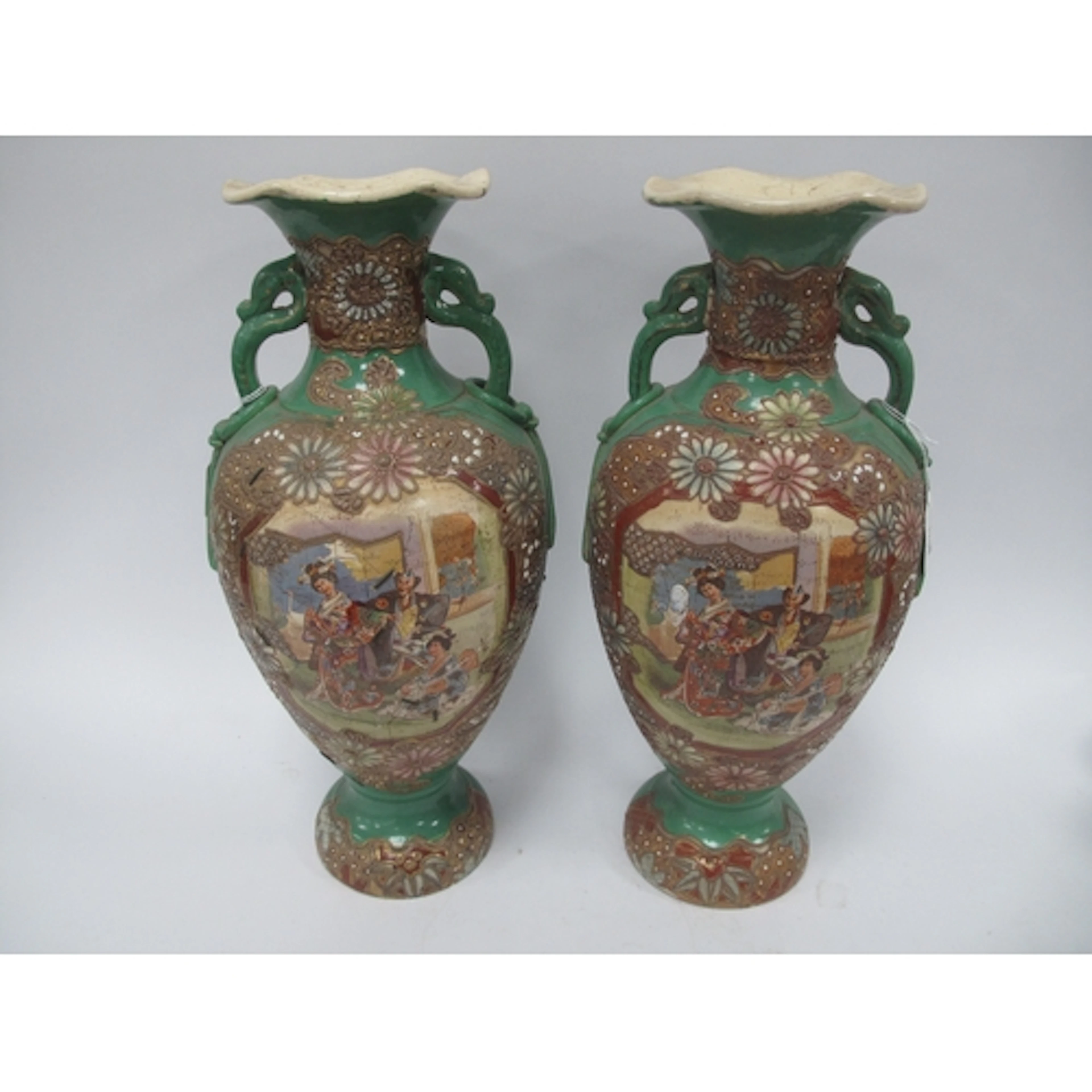 Pair of Meiji Period Japanese Satsuma Vases featuring garden...