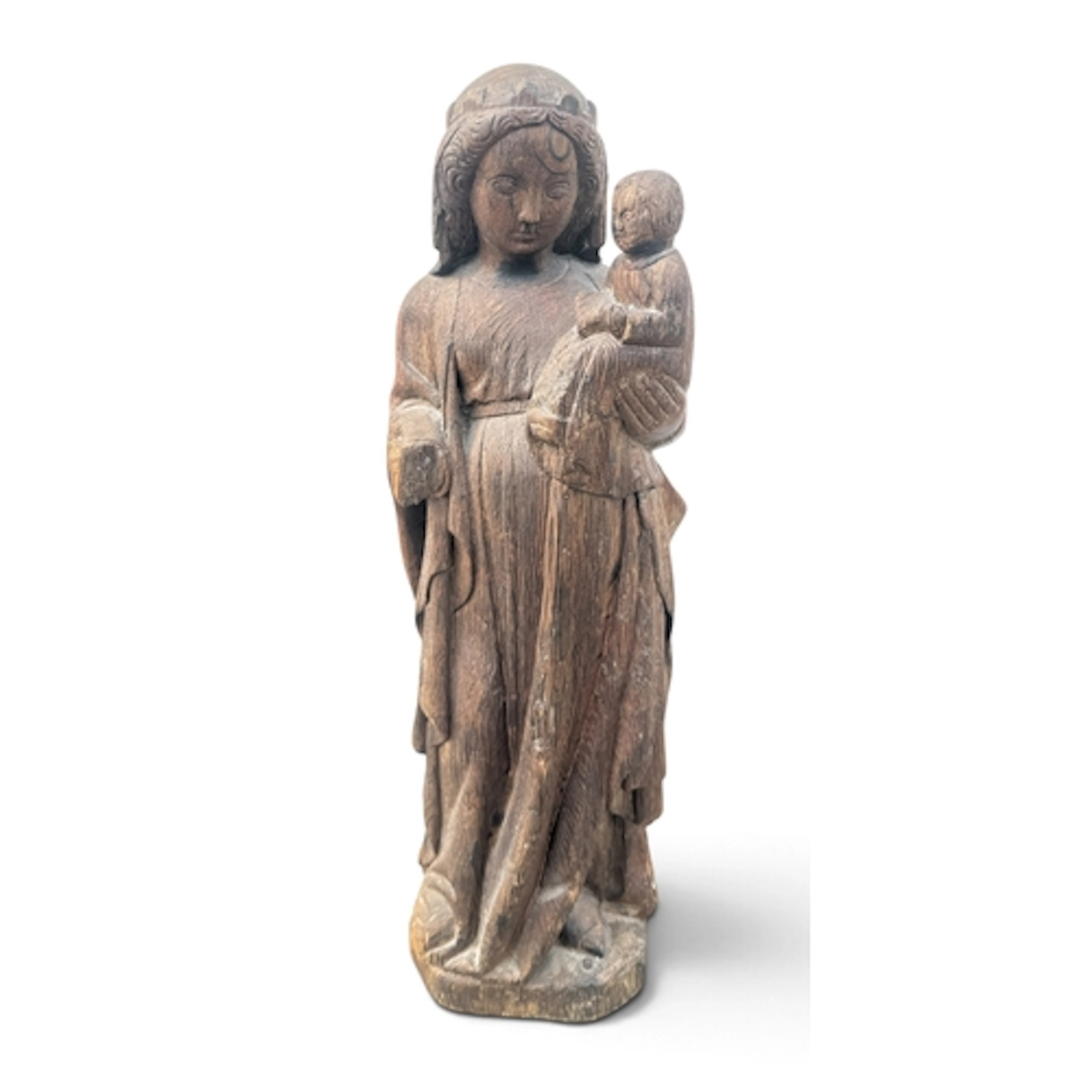 AN 18TH CENTURY CARVED WOODEN FIGURE OF THE MADONNA AND CHIL...