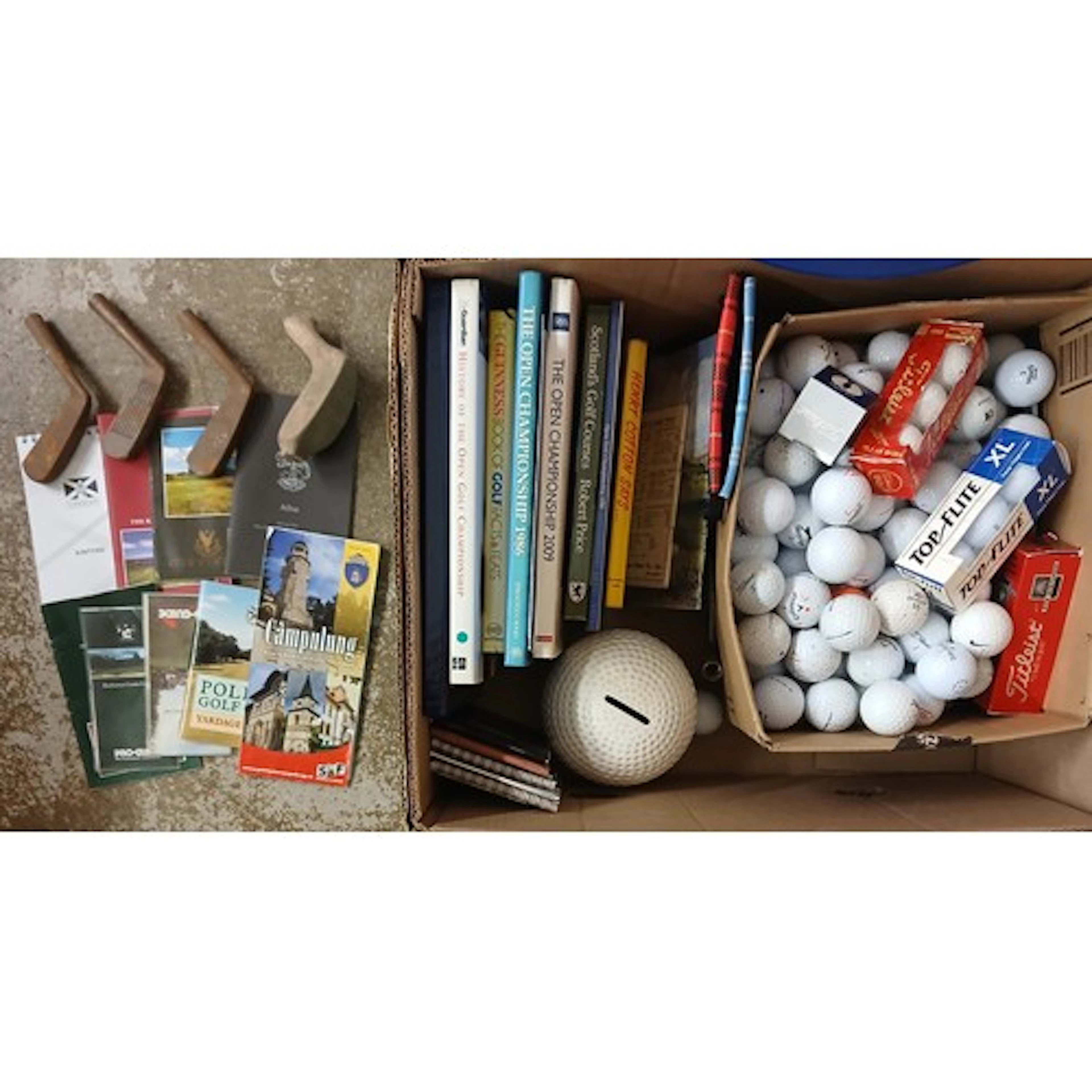 Box of assorted golf books, golf balls, etc.