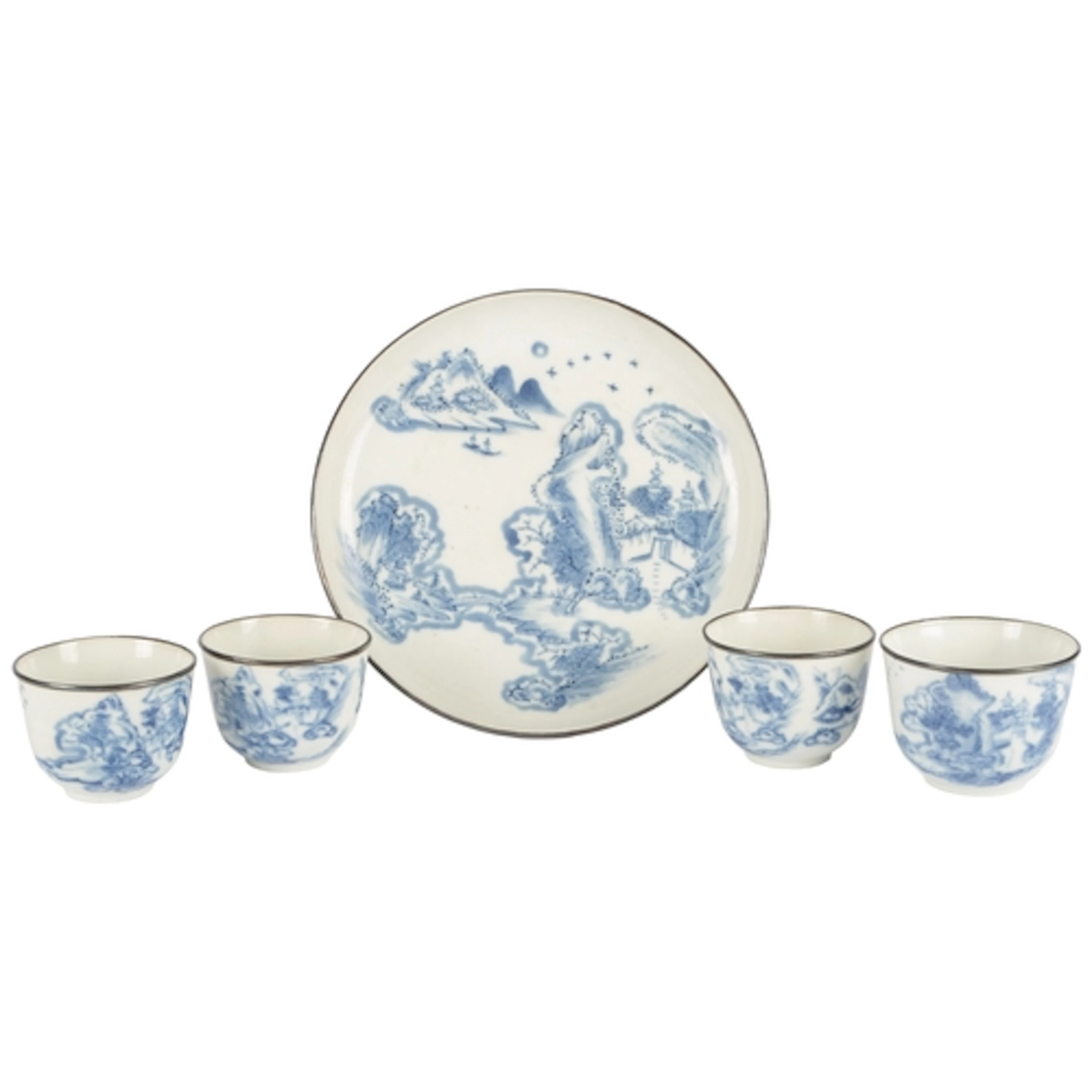 A set of four Chinese bleu de Huê blue and white teabowls an...