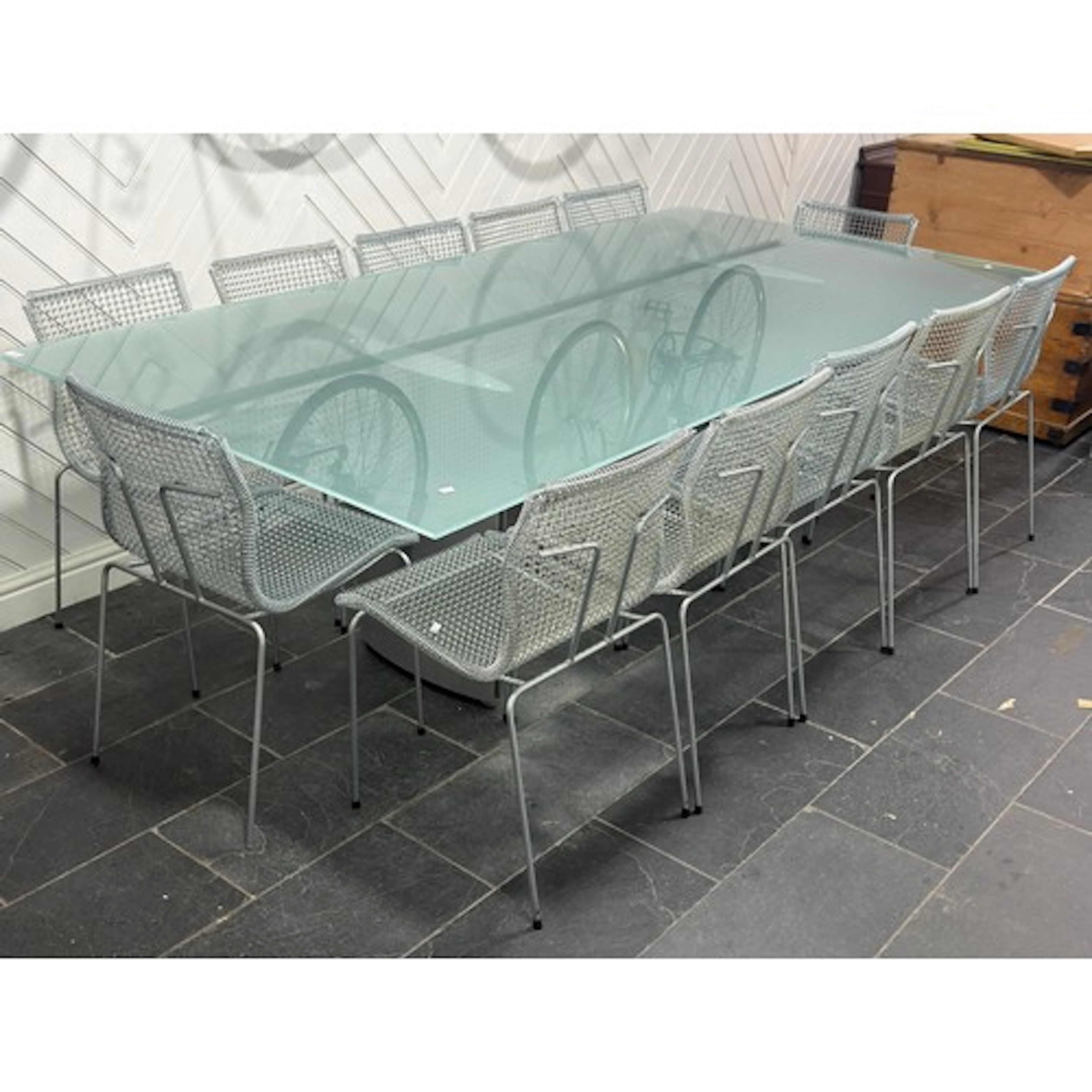 A mid-20th century Belgian designer frosted glass and metal ...