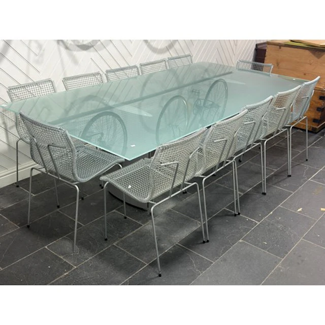 A mid-20th century Belgian designer frosted glass and metal ...