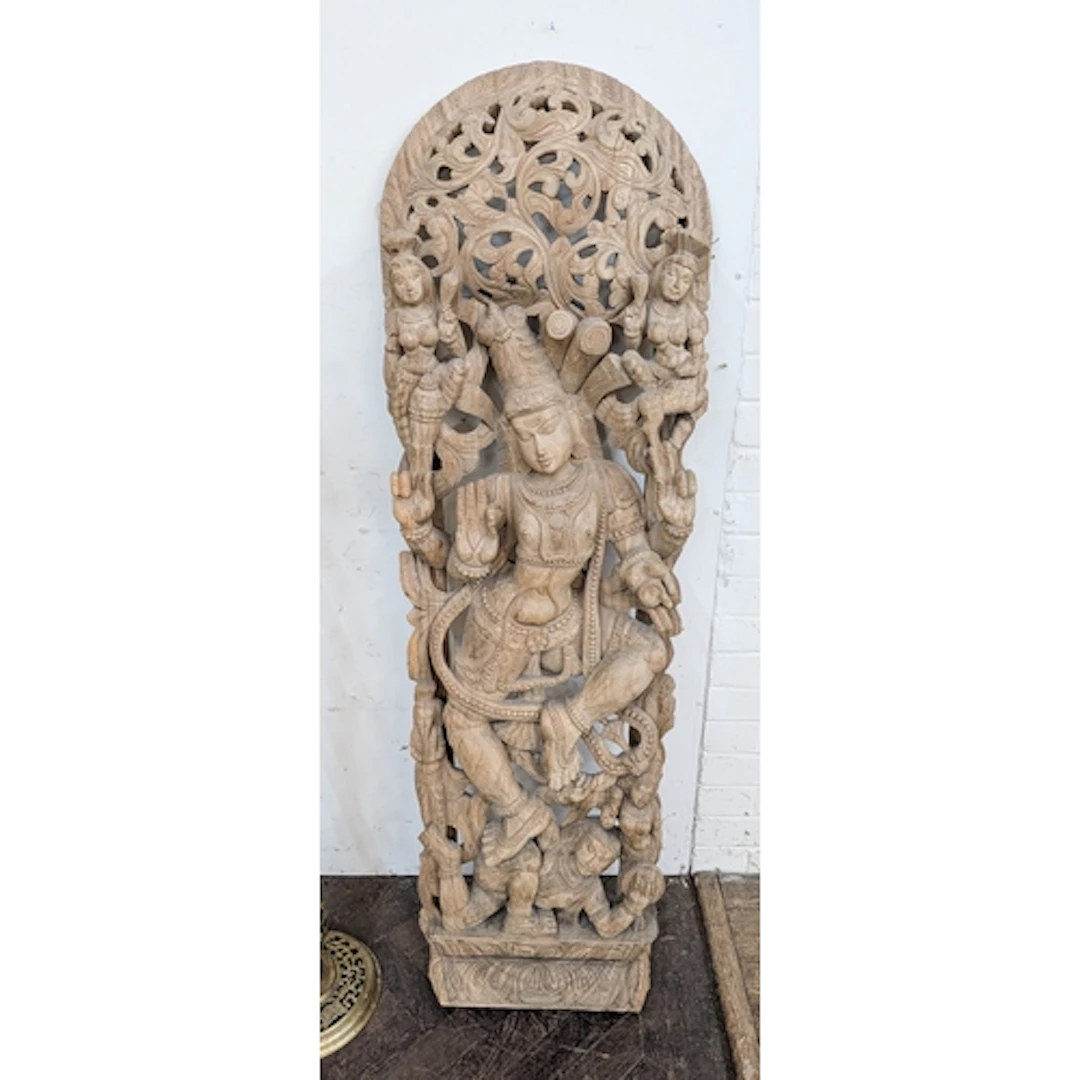 Large hand carved Indian architectural relief wooden panel, ...