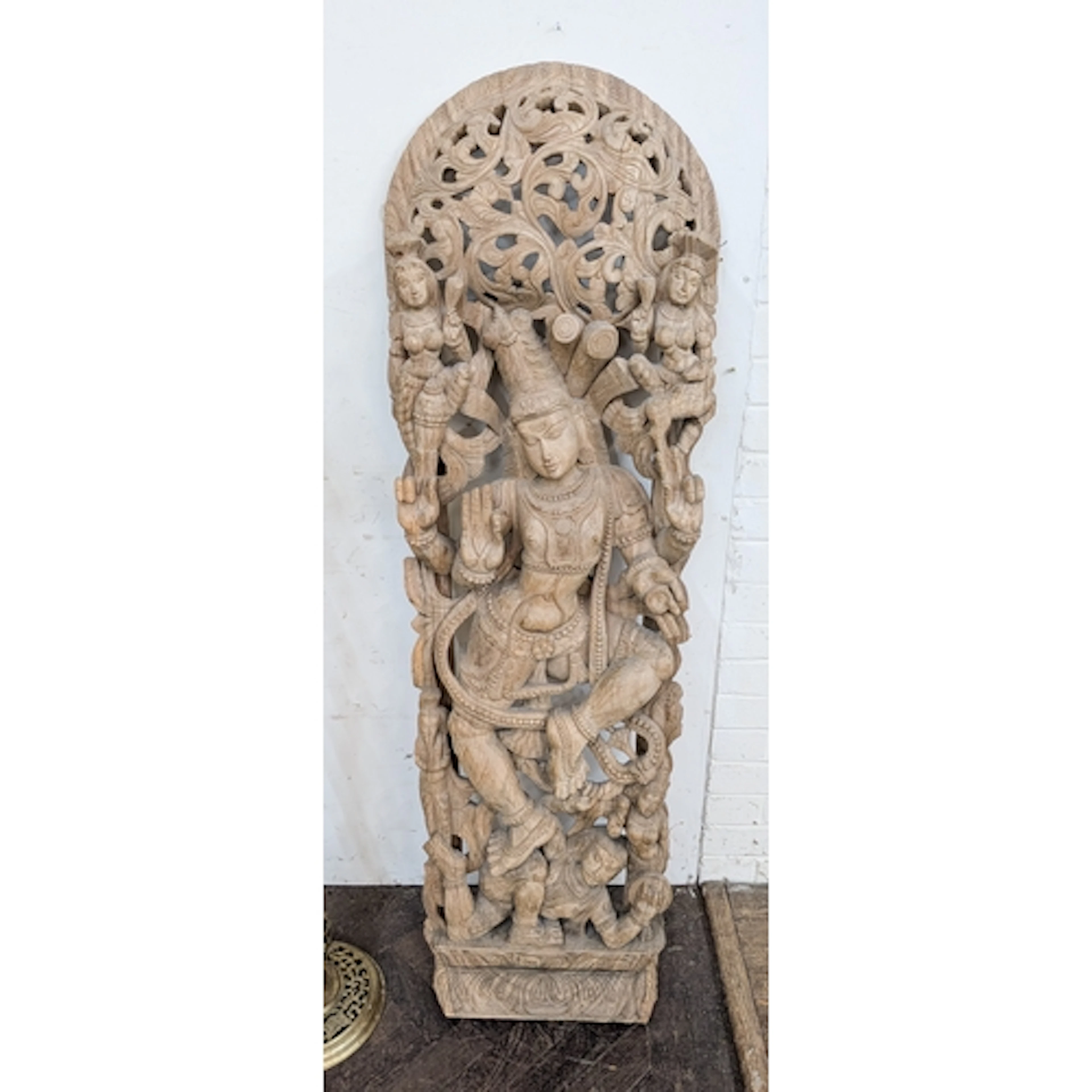 Large hand carved Indian architectural relief wooden panel, ...