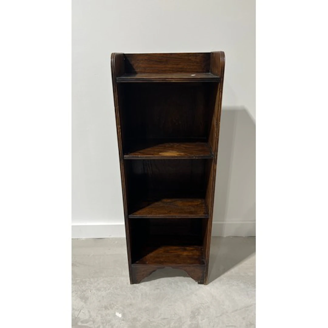 Oak finished open shelves, three quarter gallery, 36cm x 100...