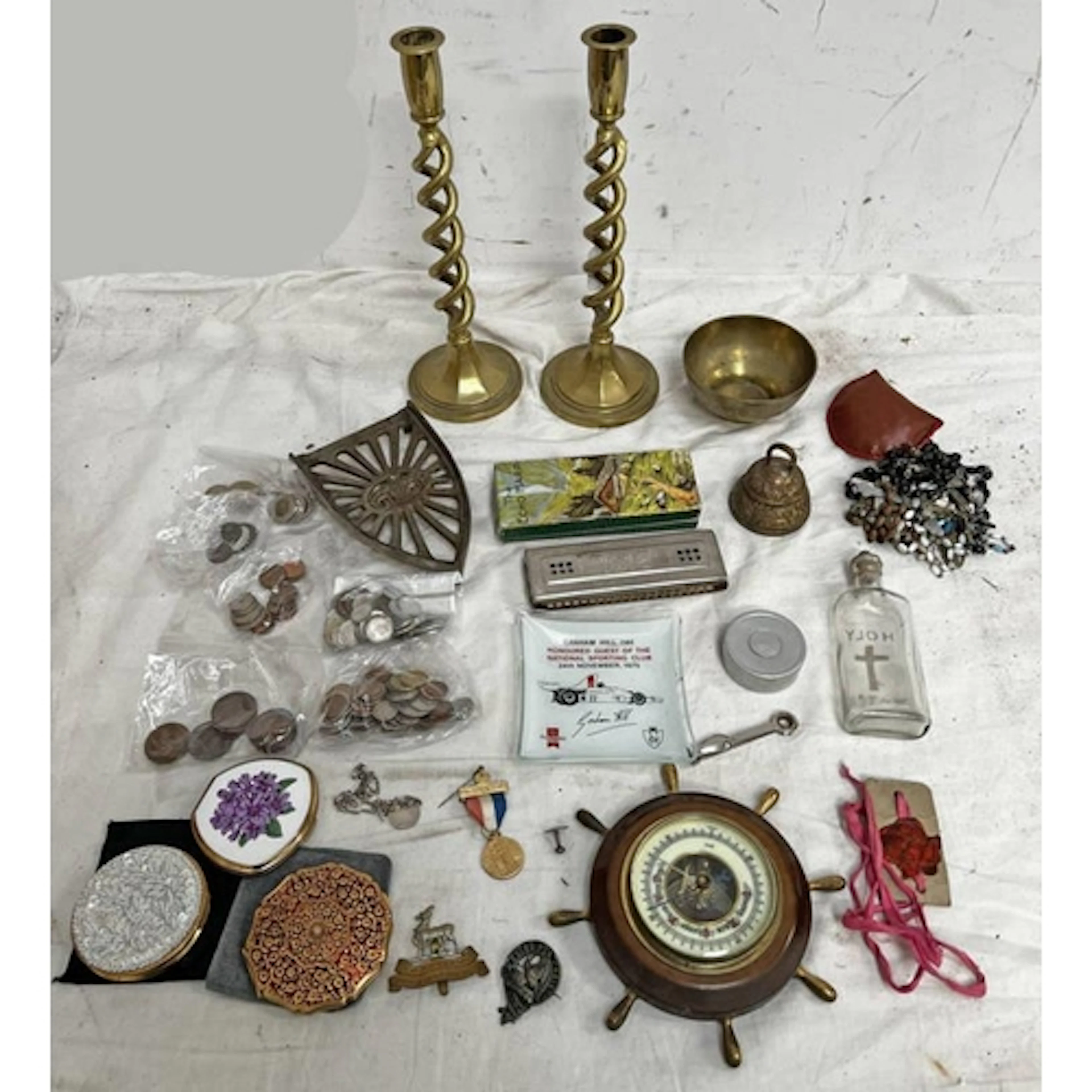 BRASS CANDLE STICKS, HOLY WATER GLASS BOTTLE, BAROMETER, ROS...