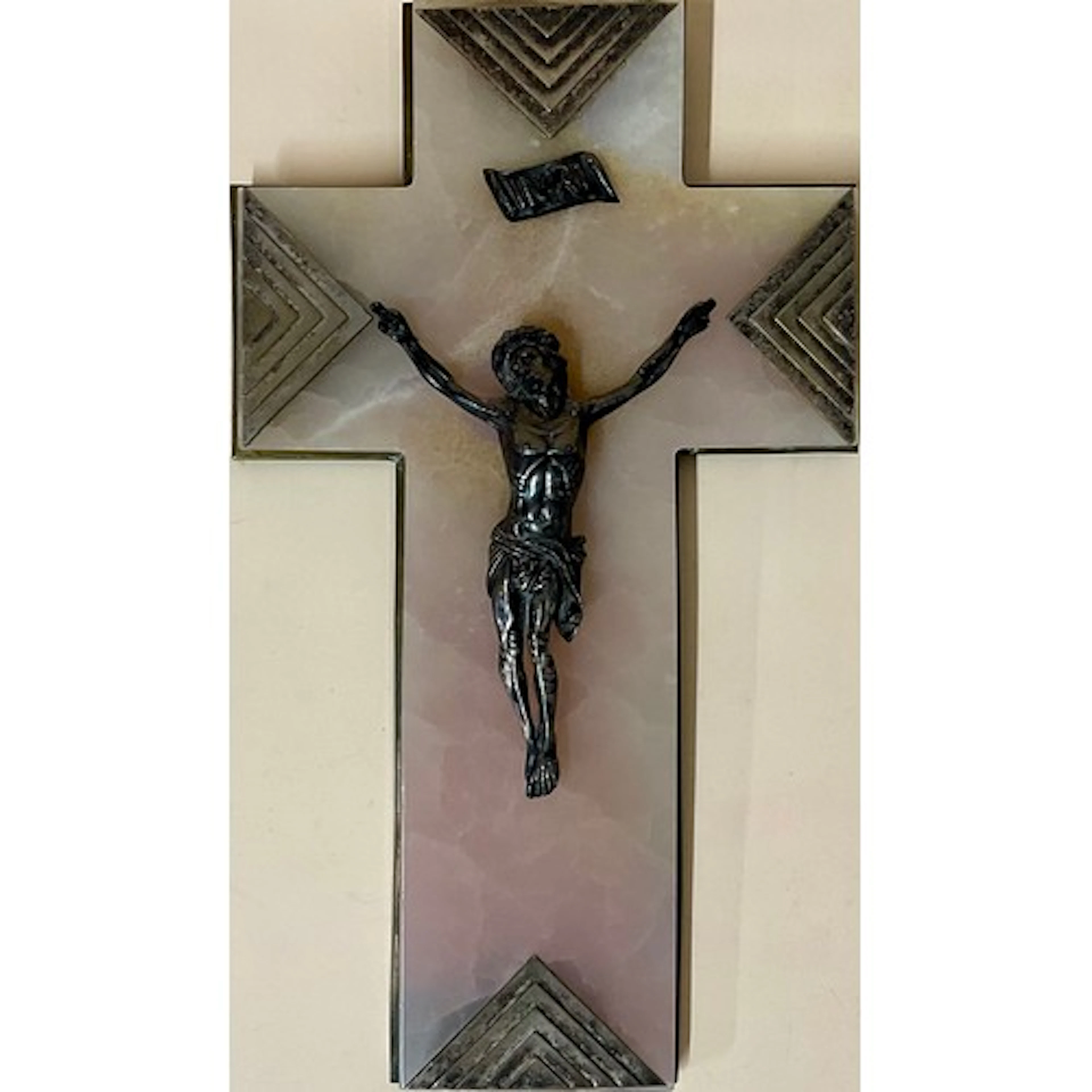 A French Art Deco silvered metal and rose onyx Corpus Christ...