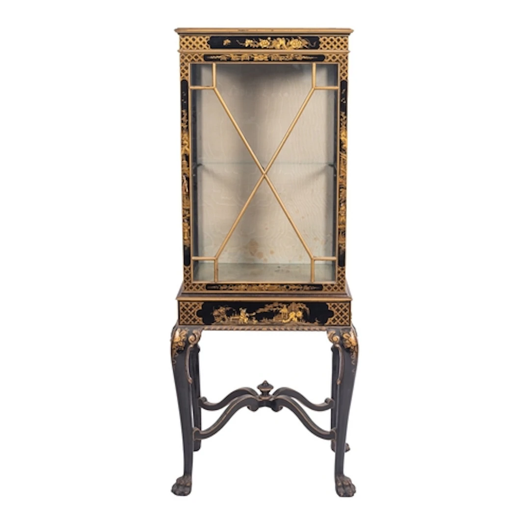 A black lacquered, parcel gilt wood and glazed display cabin...