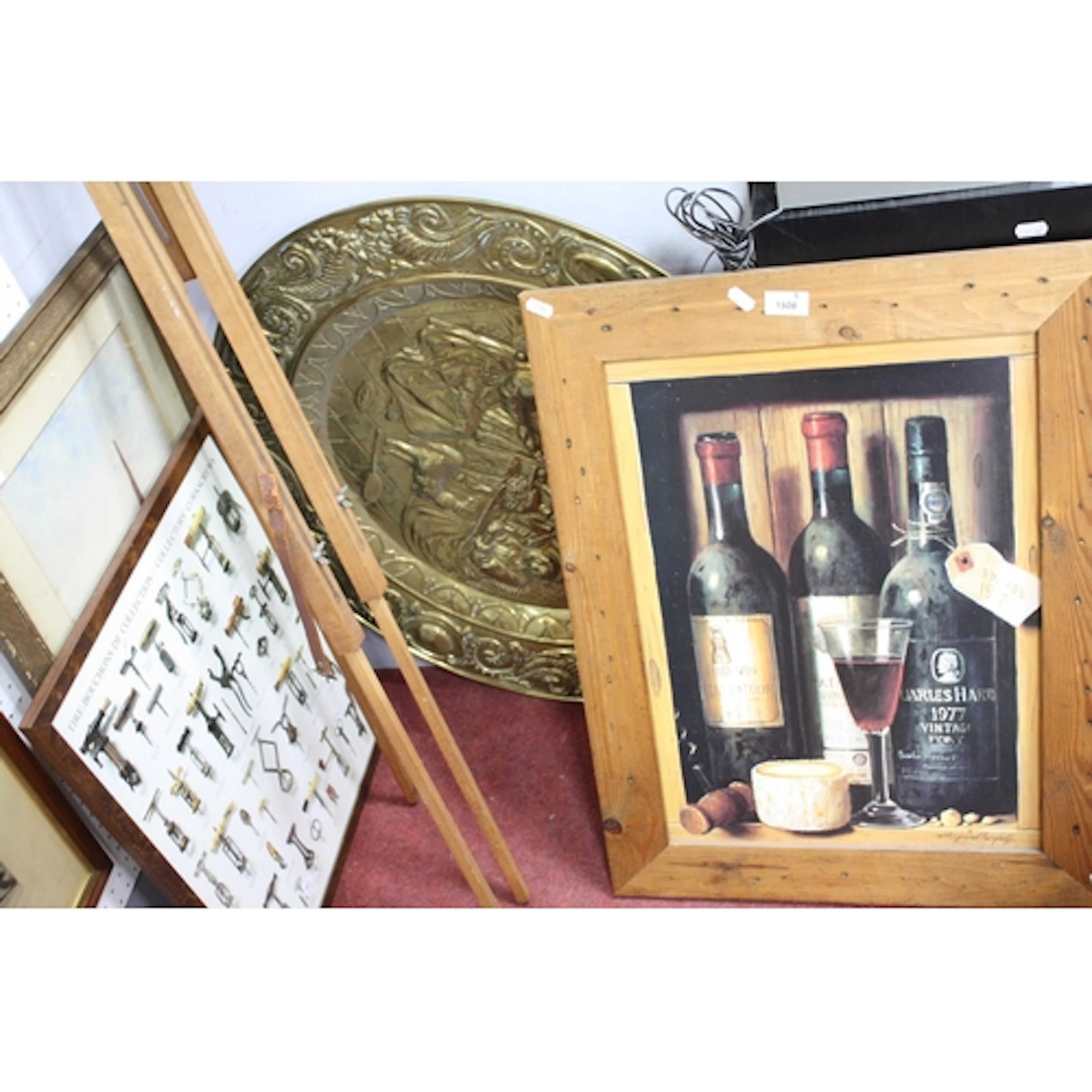 Wooden Easel, Wine & Corkscrew prints, brass wall plaque (4)...
