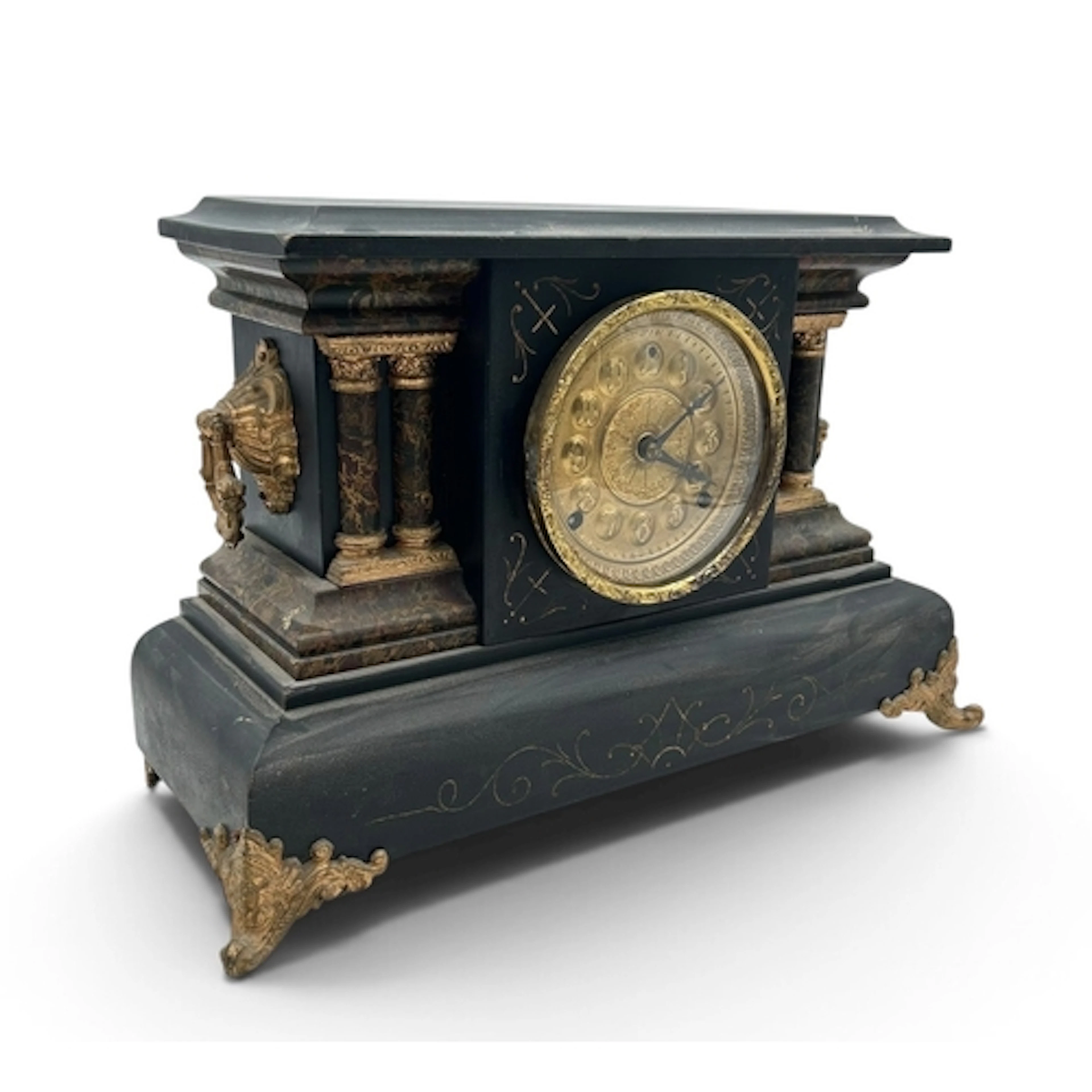 A SLATE MANTLE CLOCK WITH ORMOLU MOUNTS
