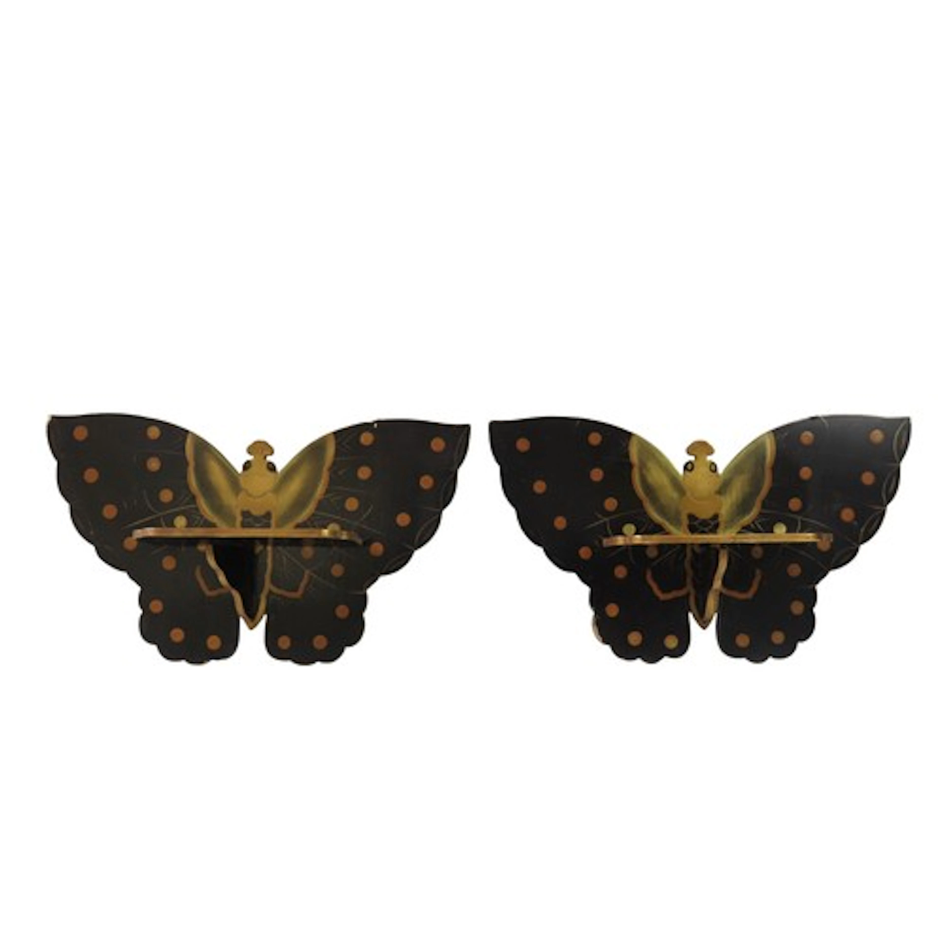 A PAIR OF VINTAGE FRENCH WALL NICHES black lacquered butterf...