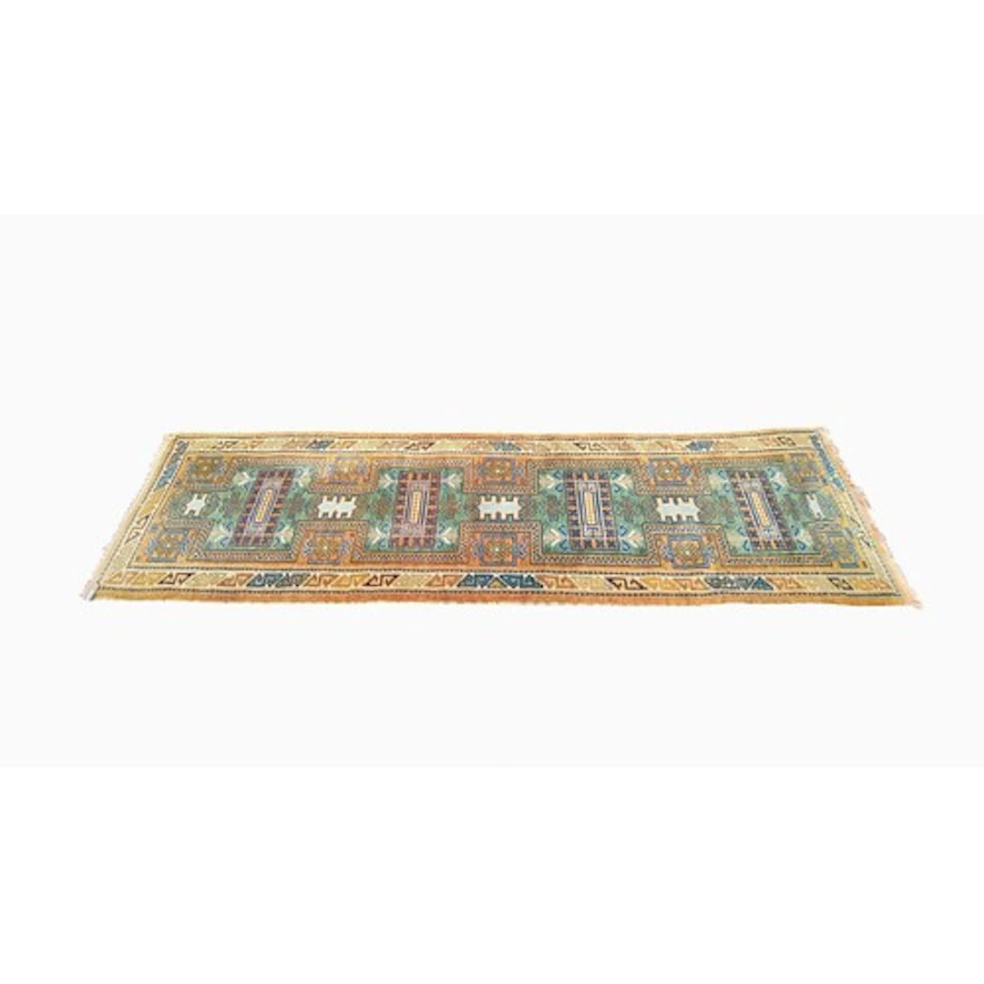 Indian Indo Kaf Kaz hand-knotted wool carpet runner, in gree...
