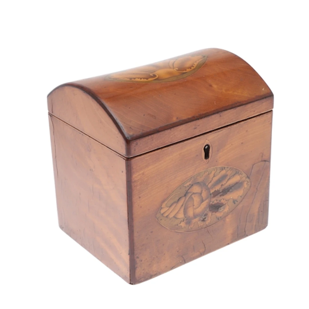 A GEORGE III SATINWOOD TEA CADDY. the lid and front inlaid a...