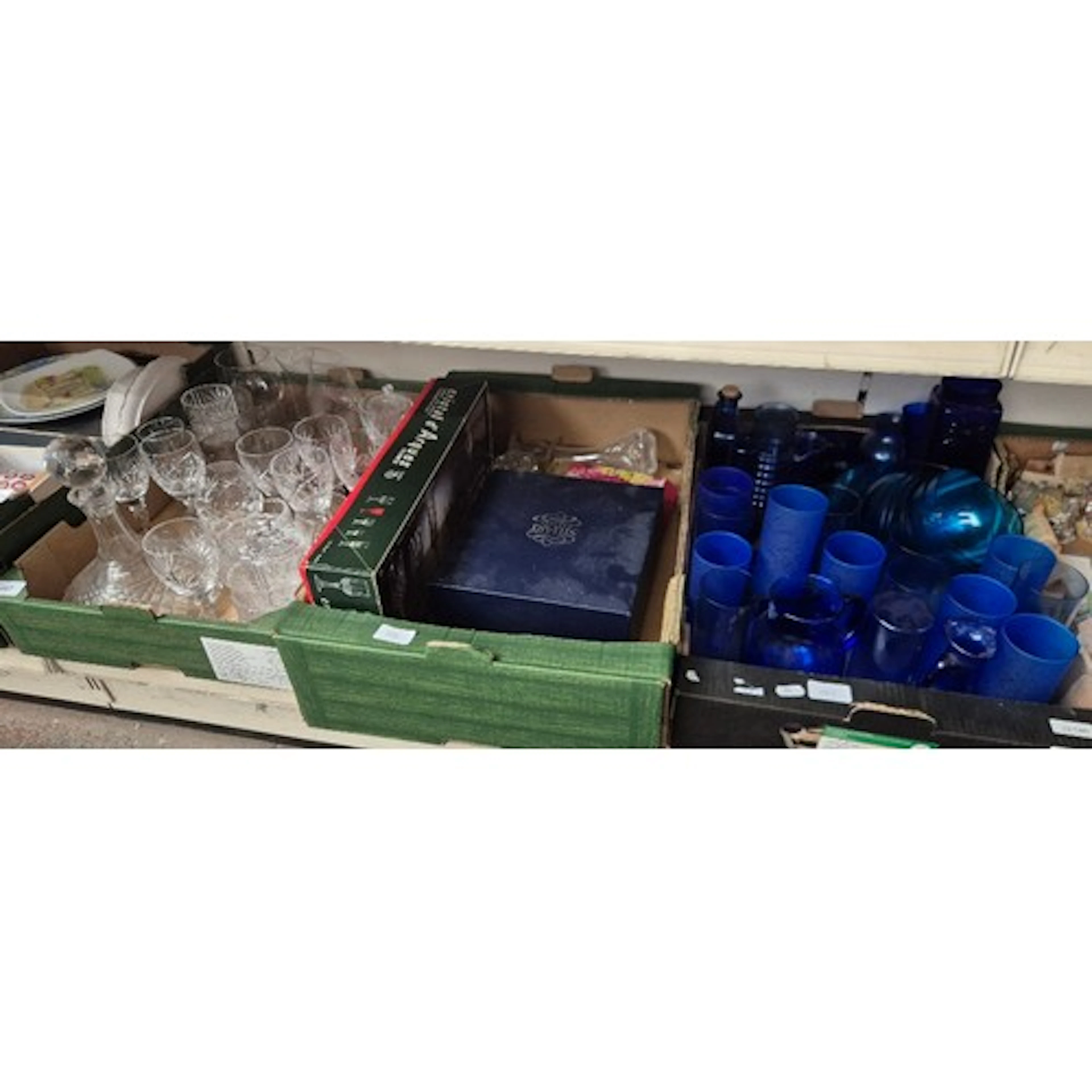 3 boxes of glass wares to include a box of blue glass, ships...