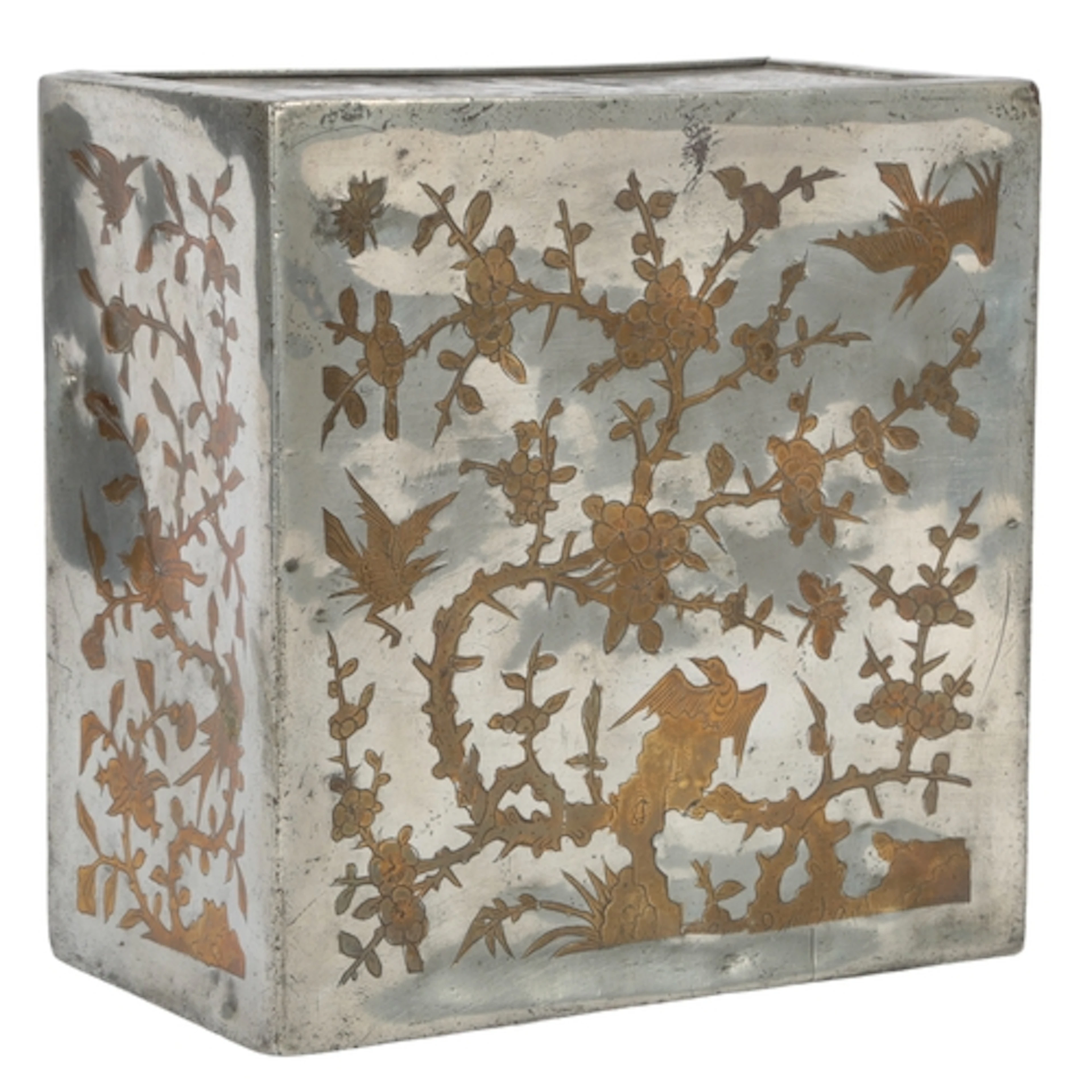 A Chinese pewter and brass inlaid tea canister, early 19th c...