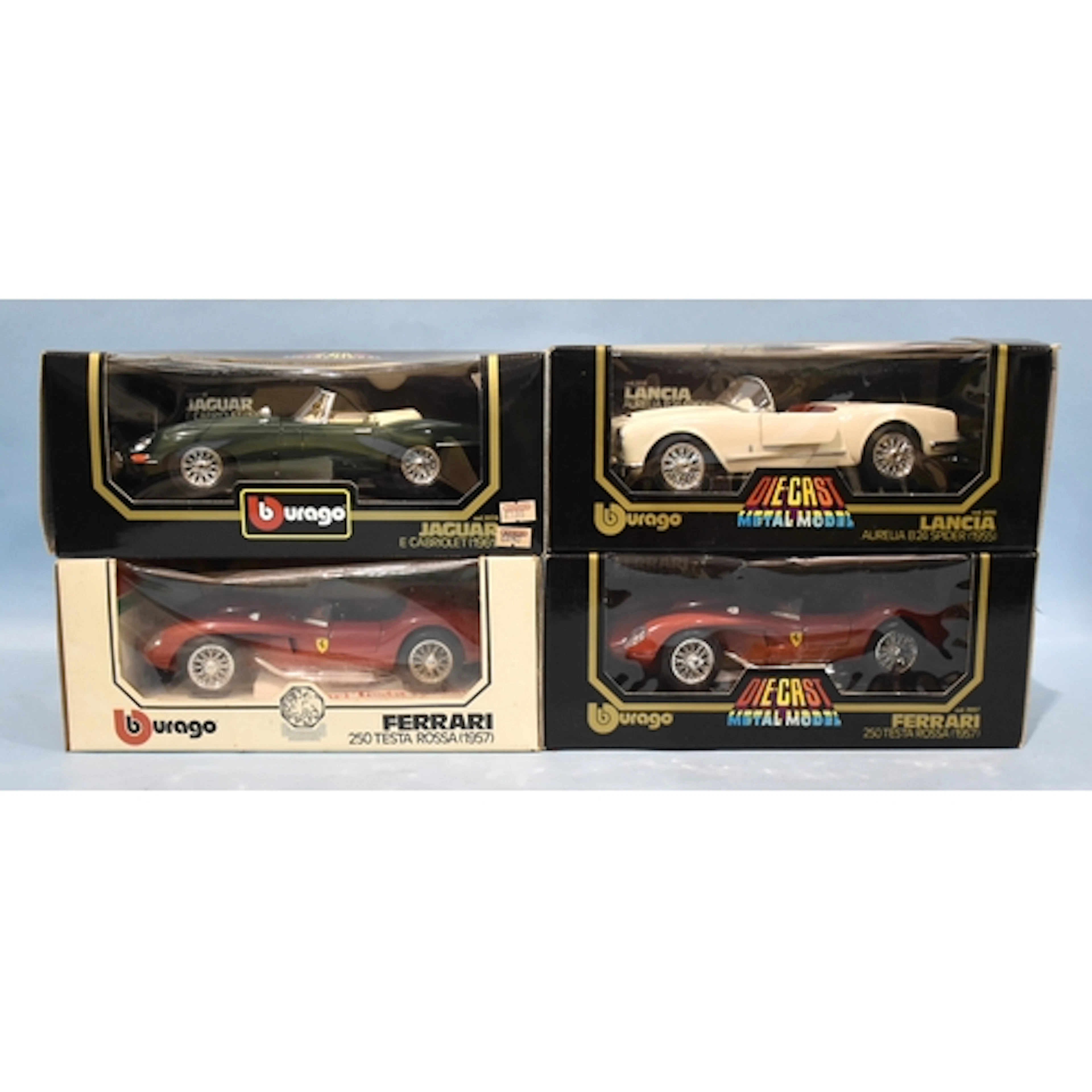 Burago, four boxed 1/18-scale sports cars: Ferrari 250 Testa...