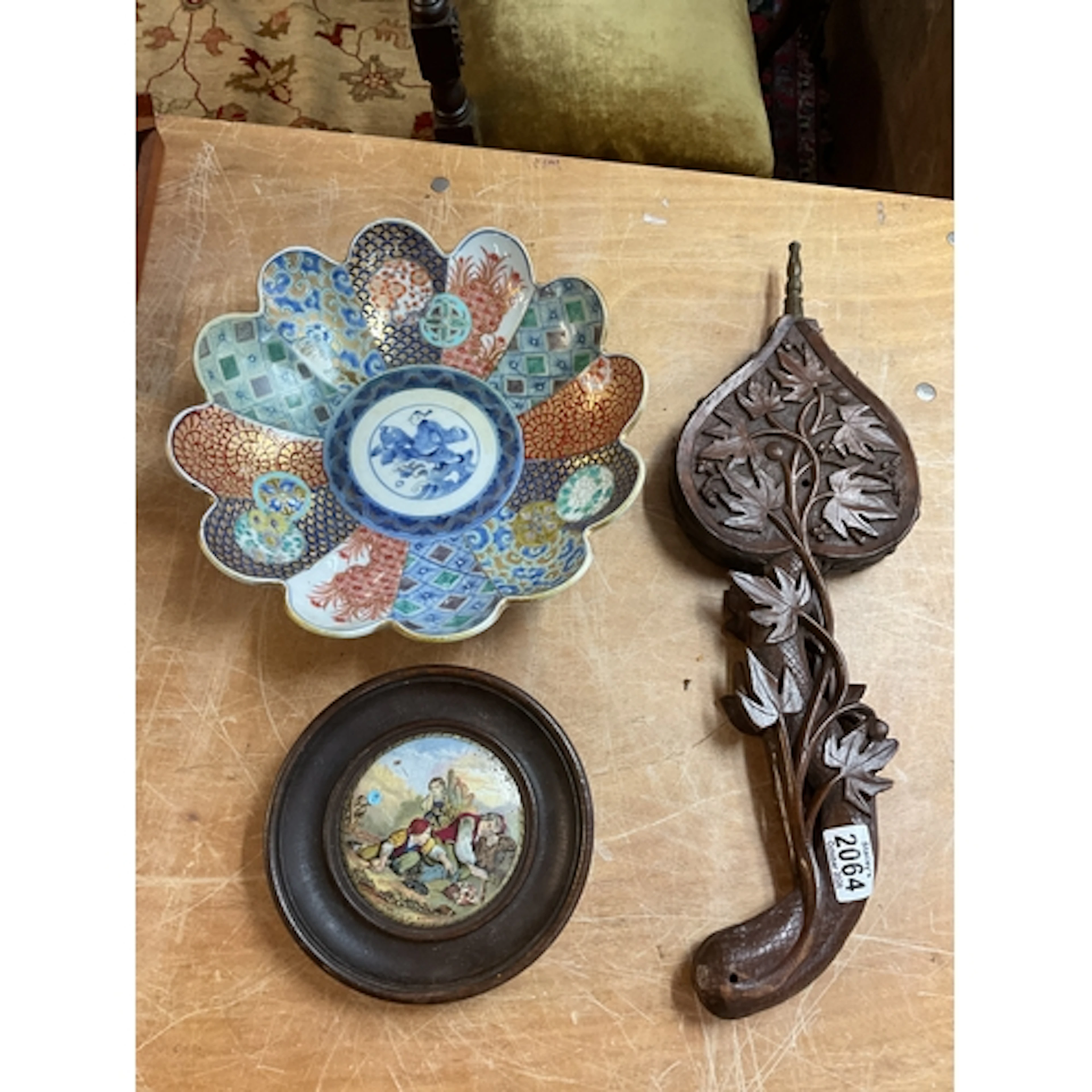 Black Forest carved bellows , oriental restored bowl and pot...