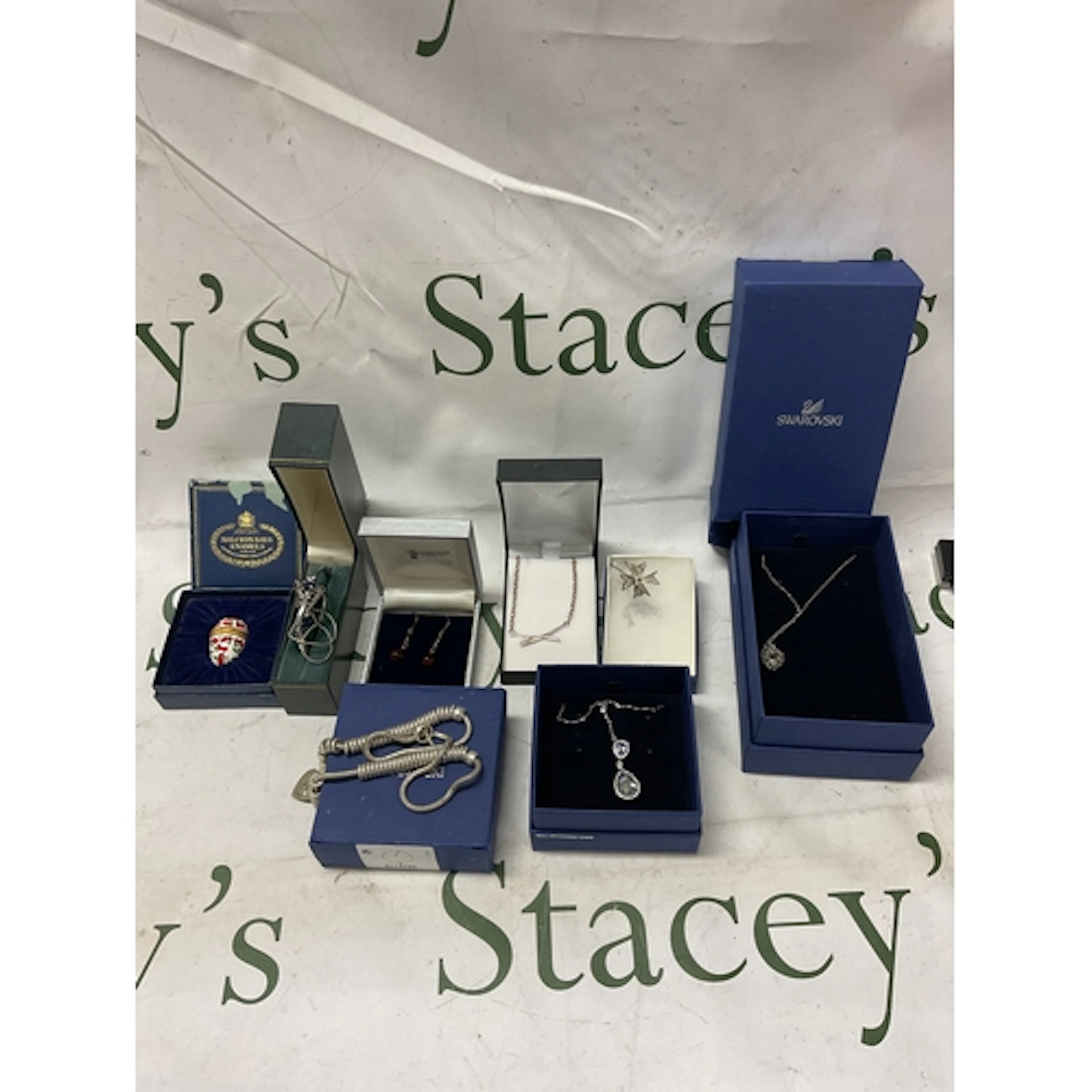 Qty boxed Swarovski necklaces and silver jewellery and Halcy...