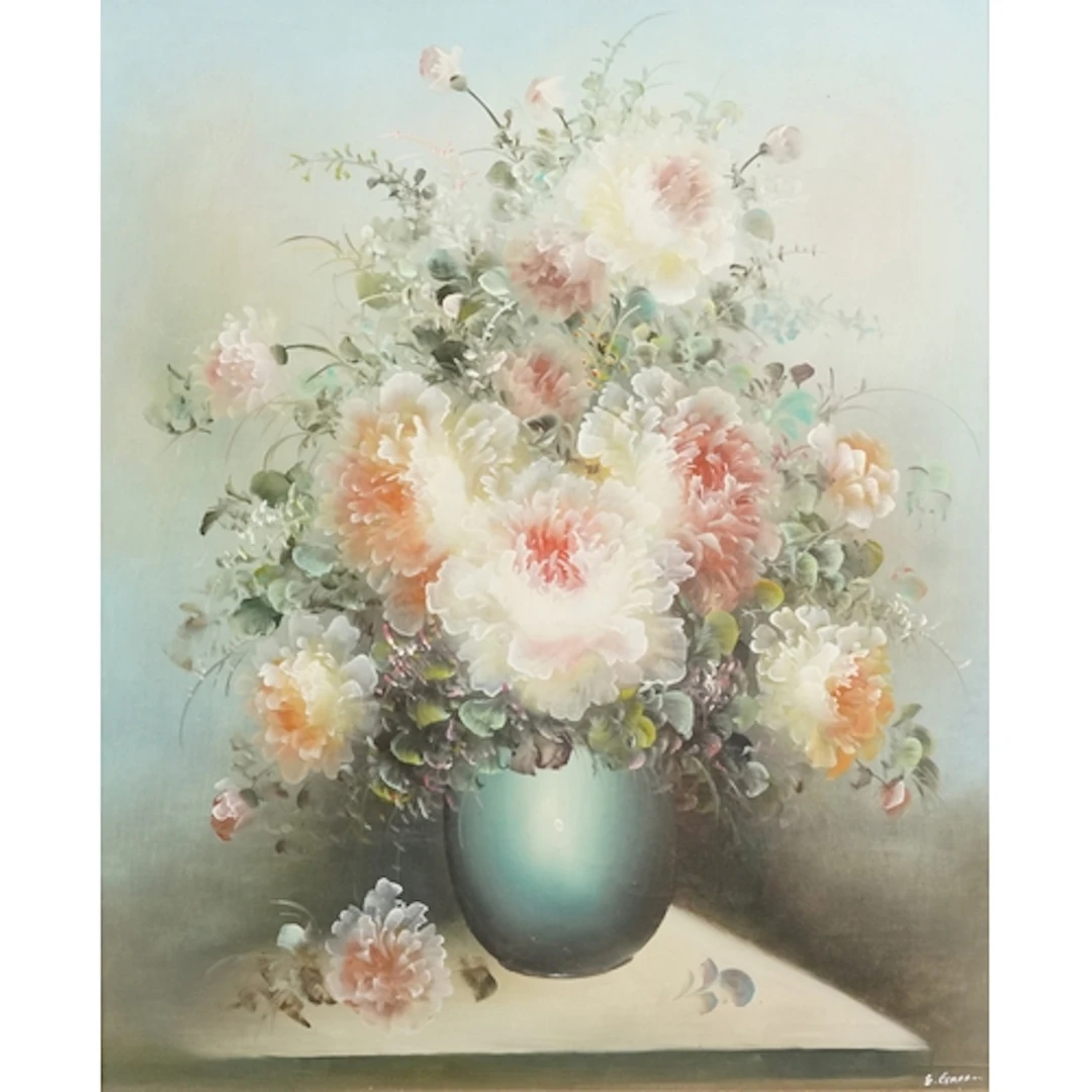E Green - Still life flowers in a vase, 20th century oil on ...