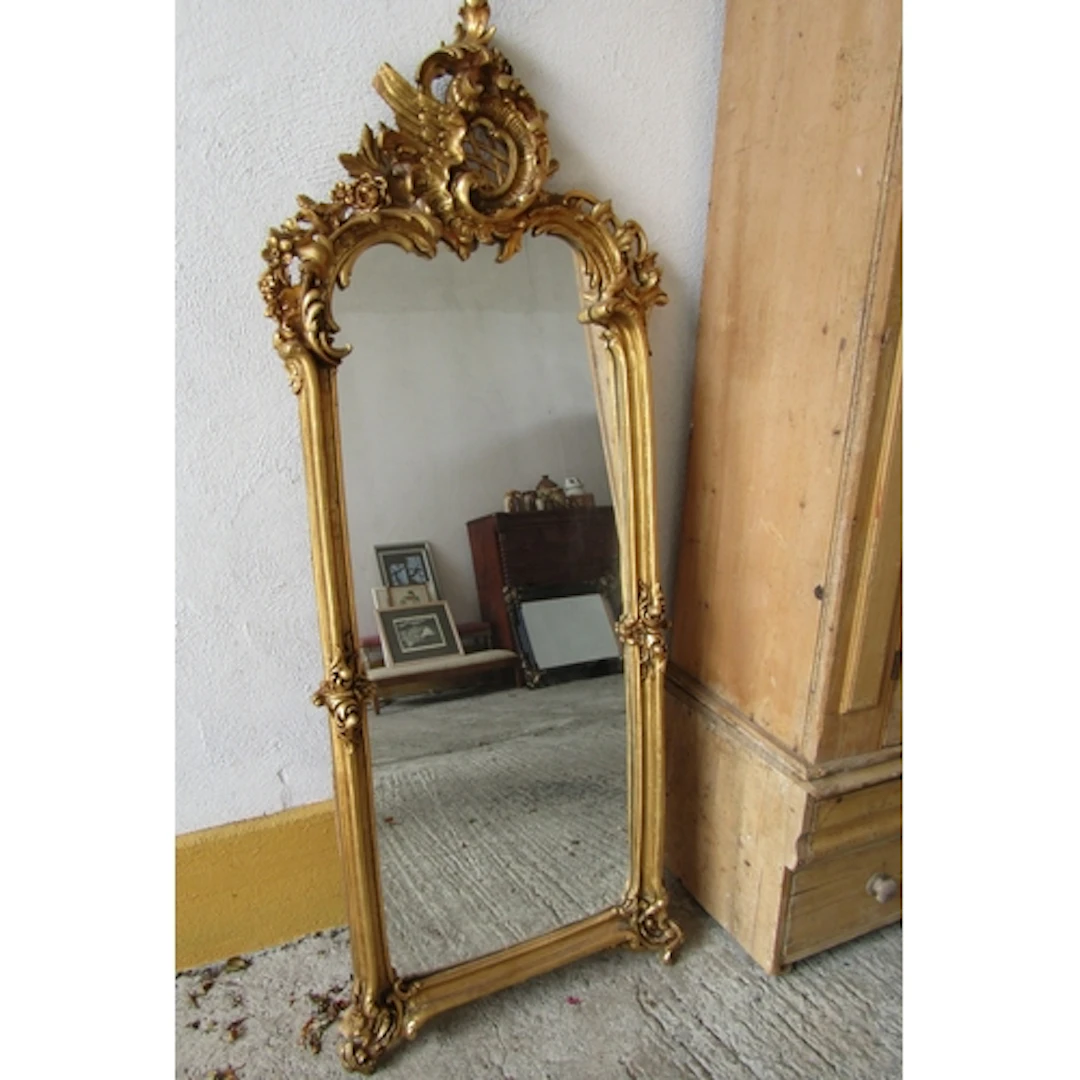 Gilded Rectangular Form Wall Mirror with Upper Cartouche Dec...