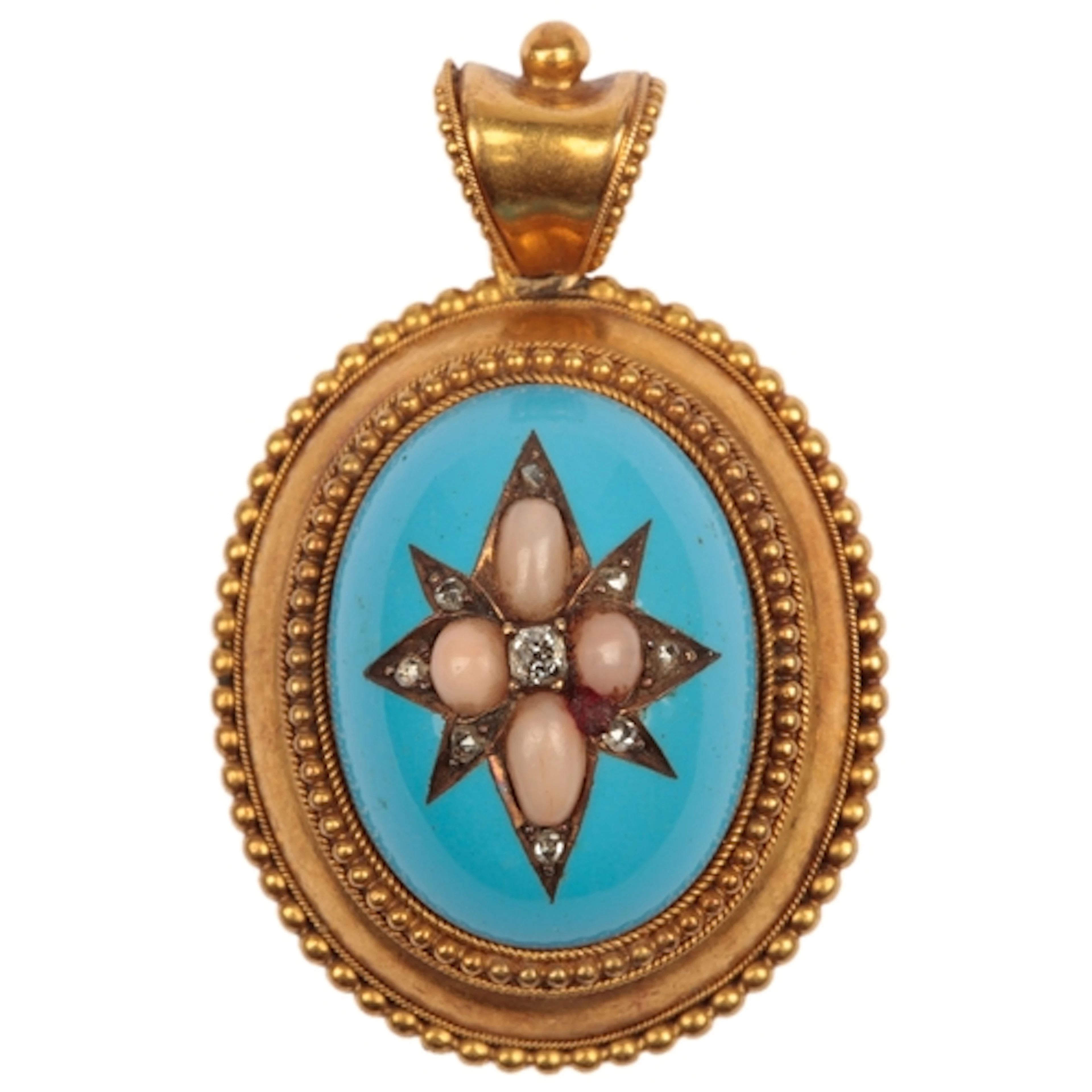 A Victorian coral, diamond and enamel locket, late 19th cent...