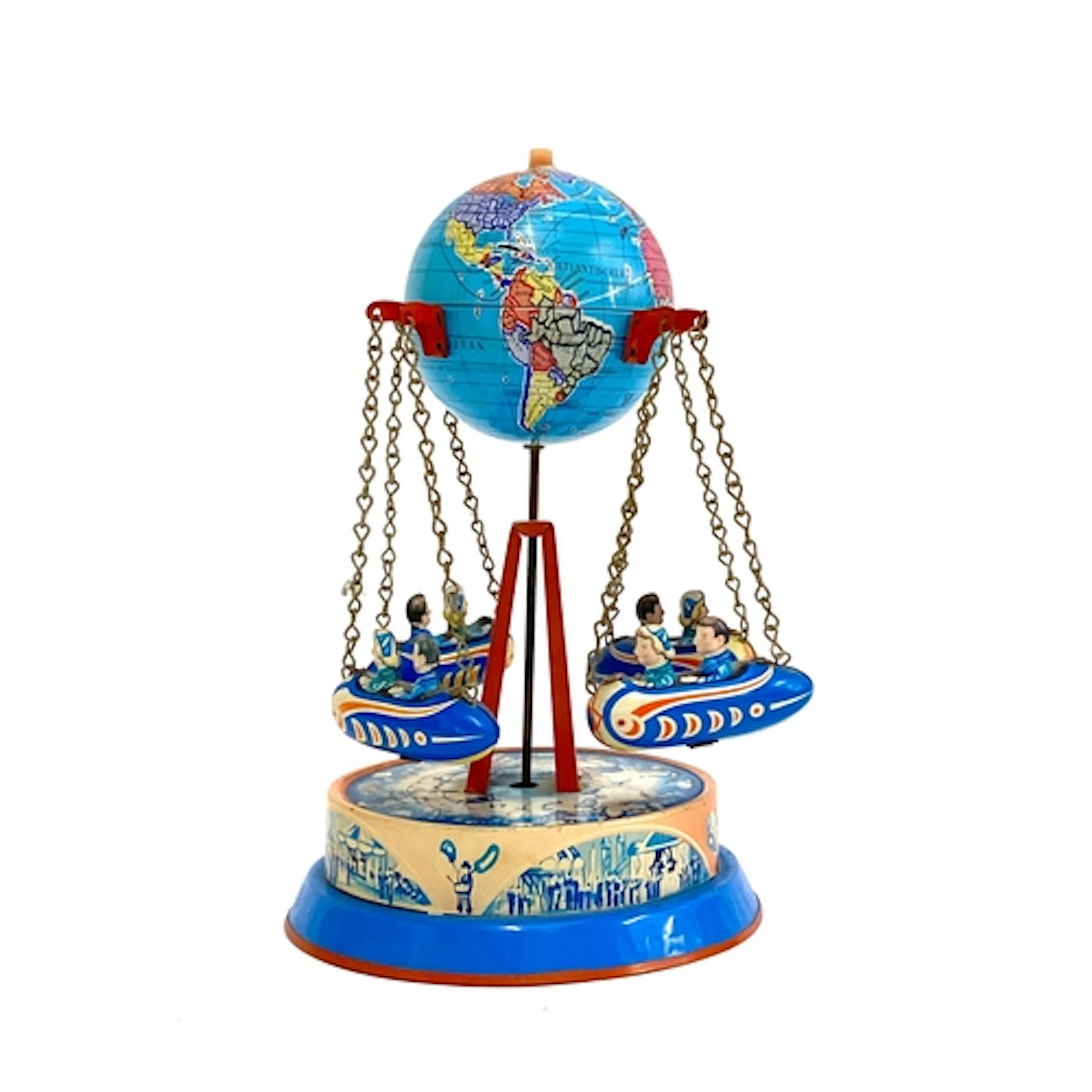 A vintage West German tin plate carousel toy with globe and ...