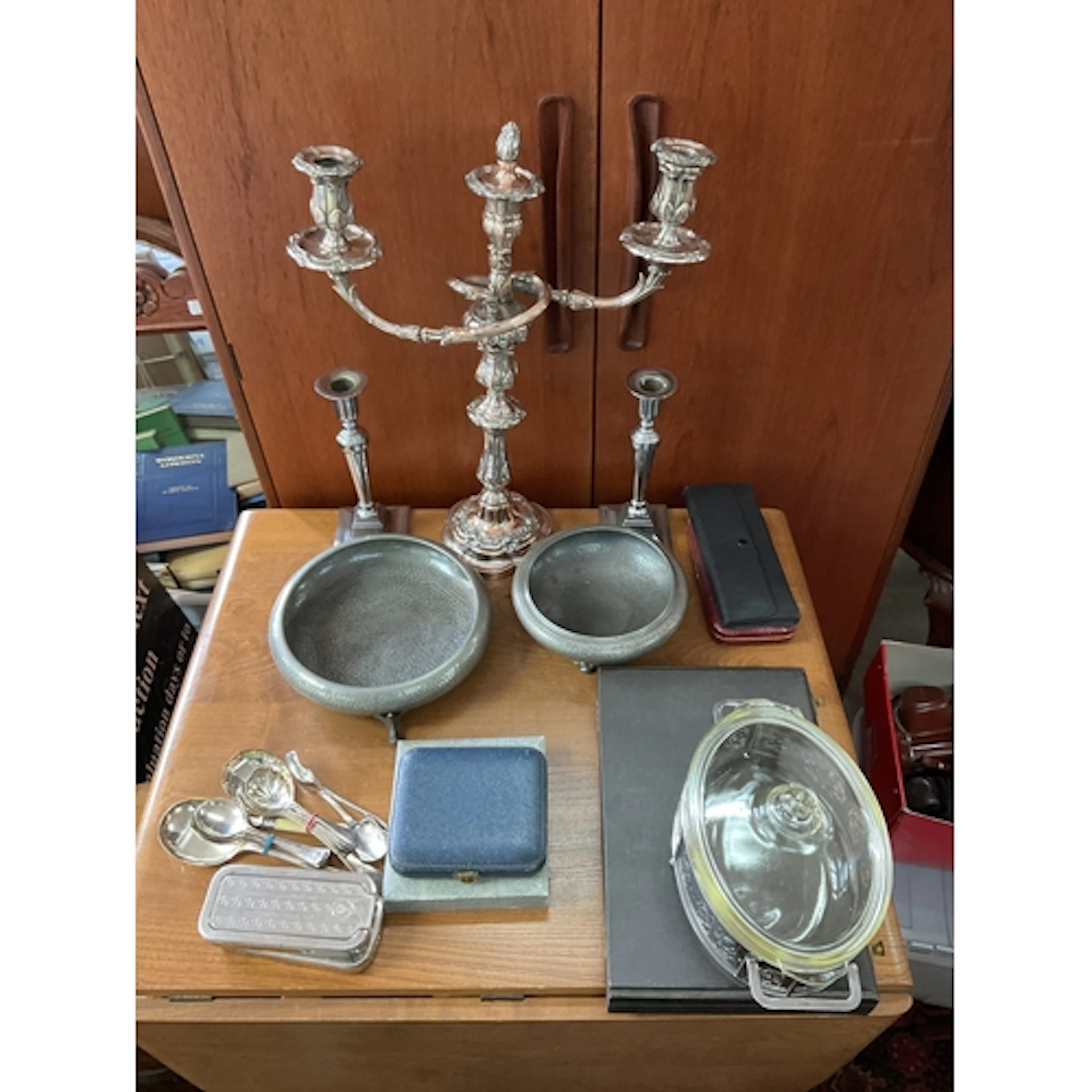 Qty EPNS and Sheffield plate large candelabra, along with bo...