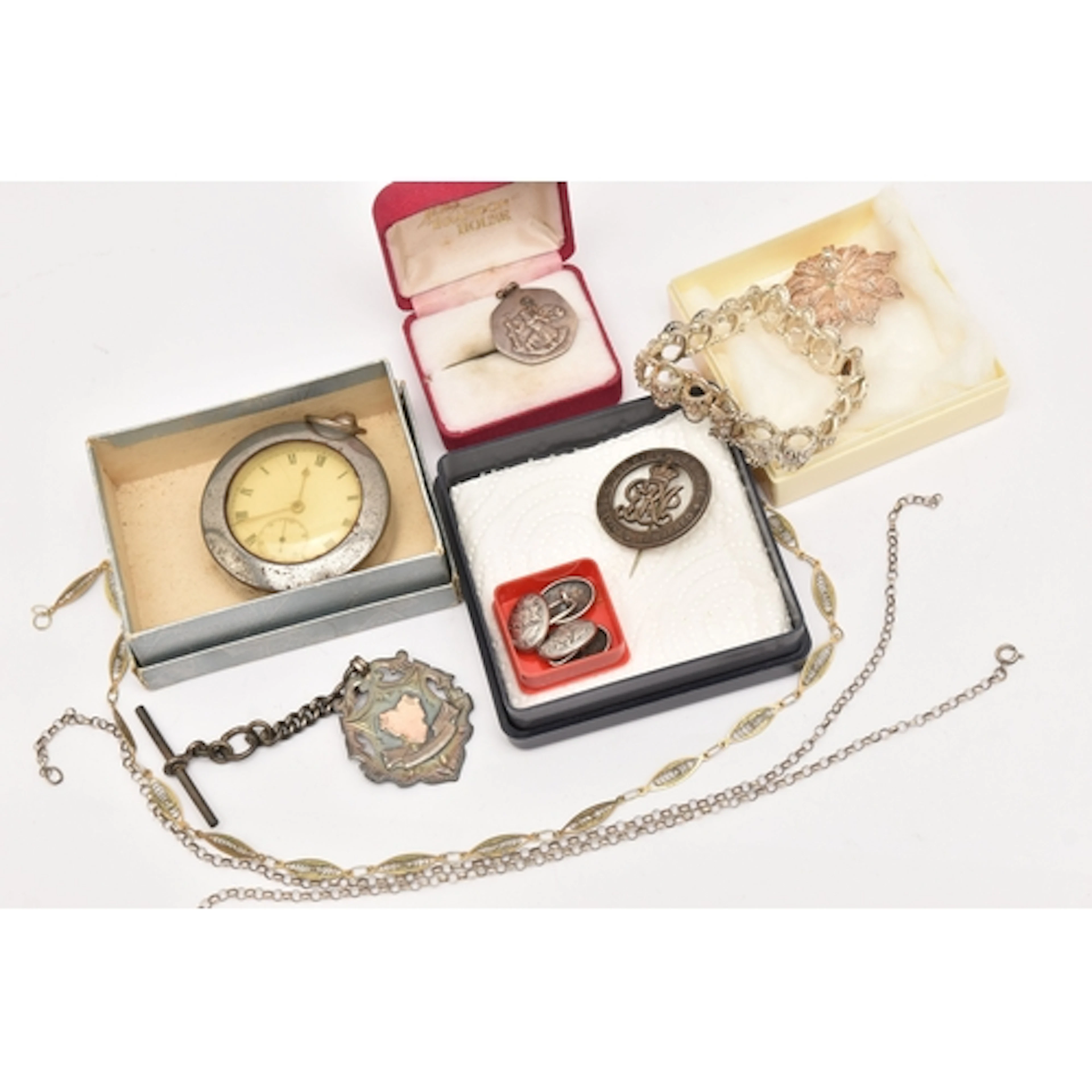 AN ASSORTMENT OF ITEMS, to include a silver key wound, open ...